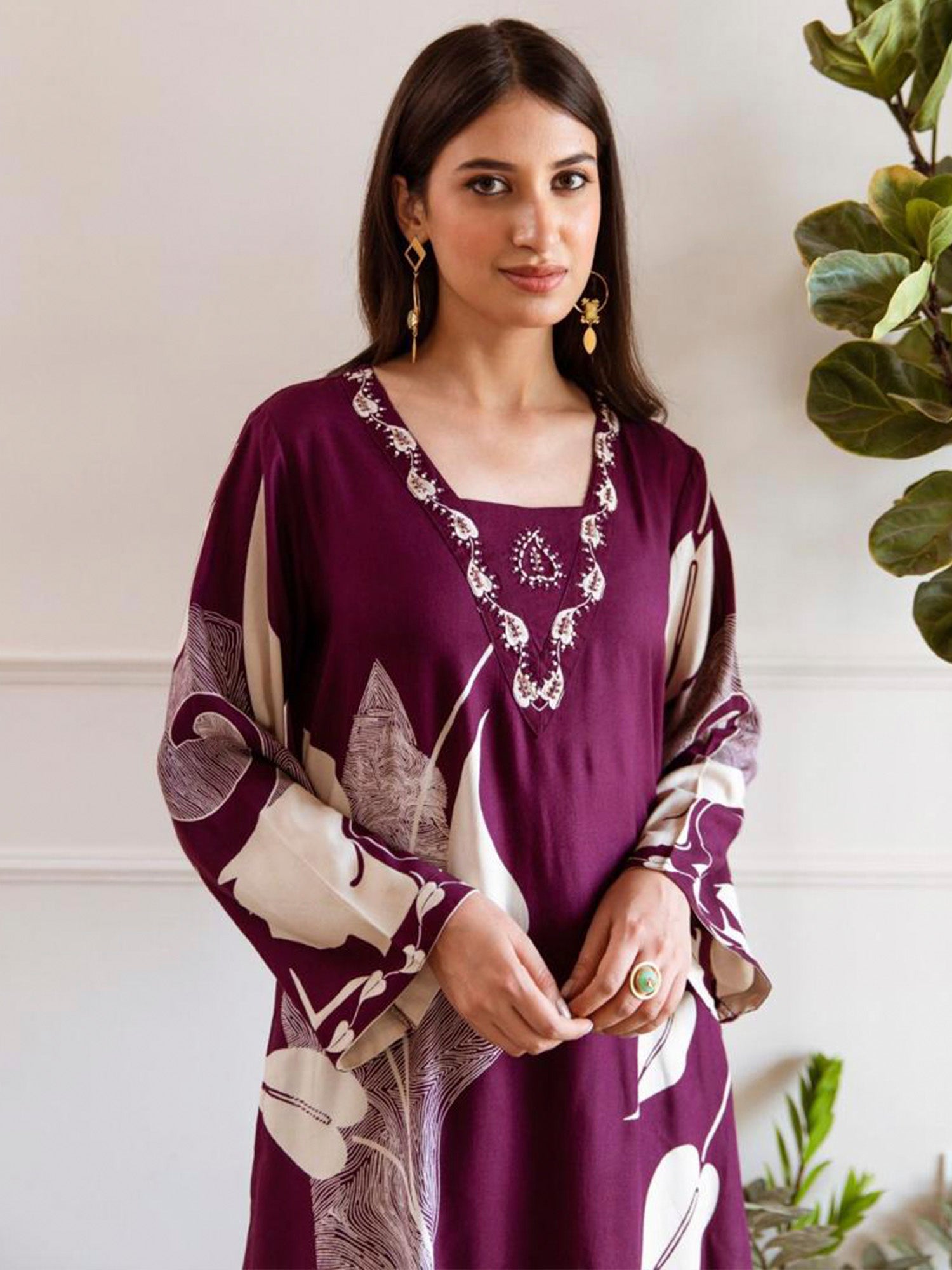 Burgundy Printed A-Line Kurta Palazzos Set