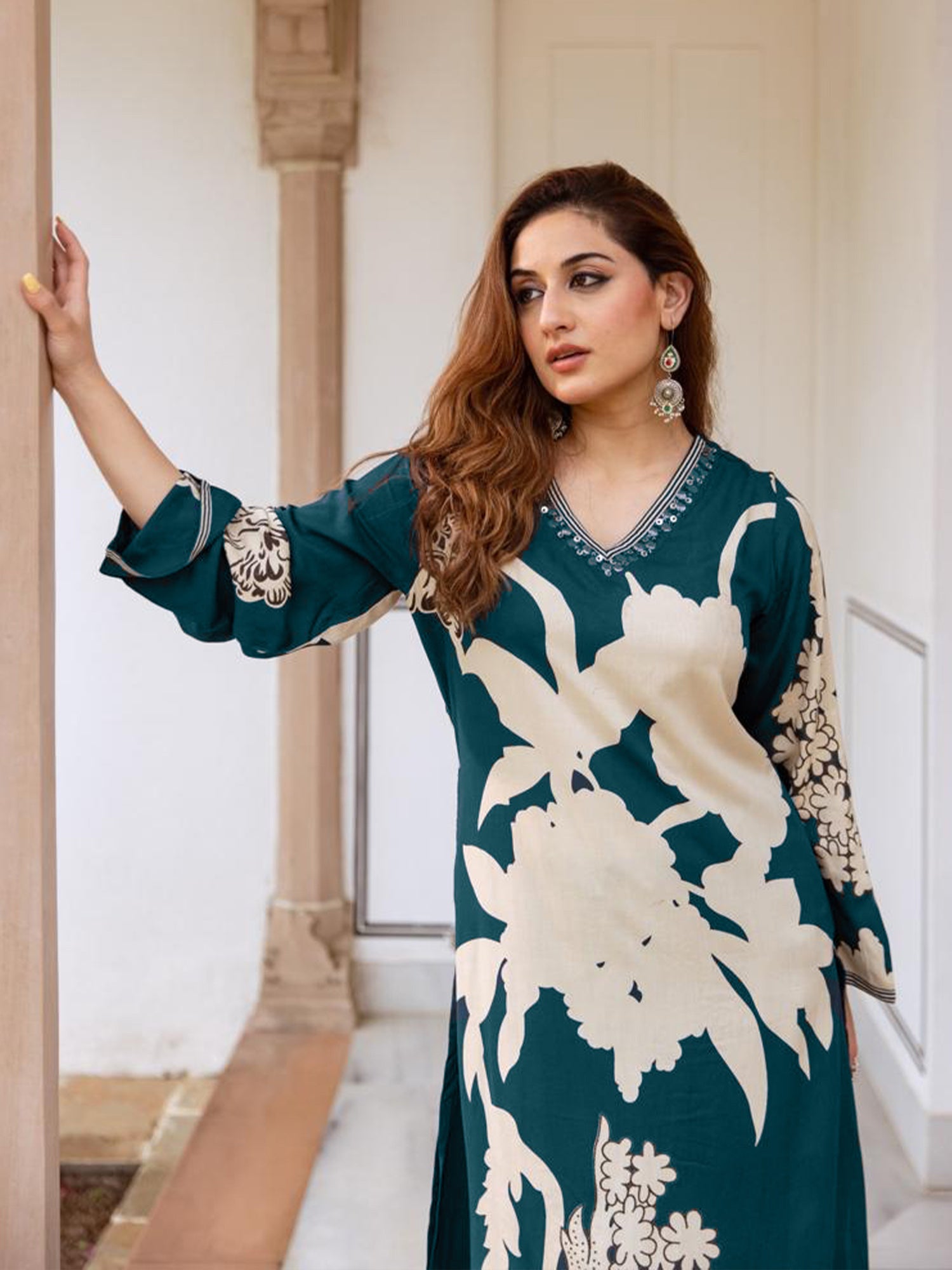 Teal Printed A-Line Kurta Salwar set