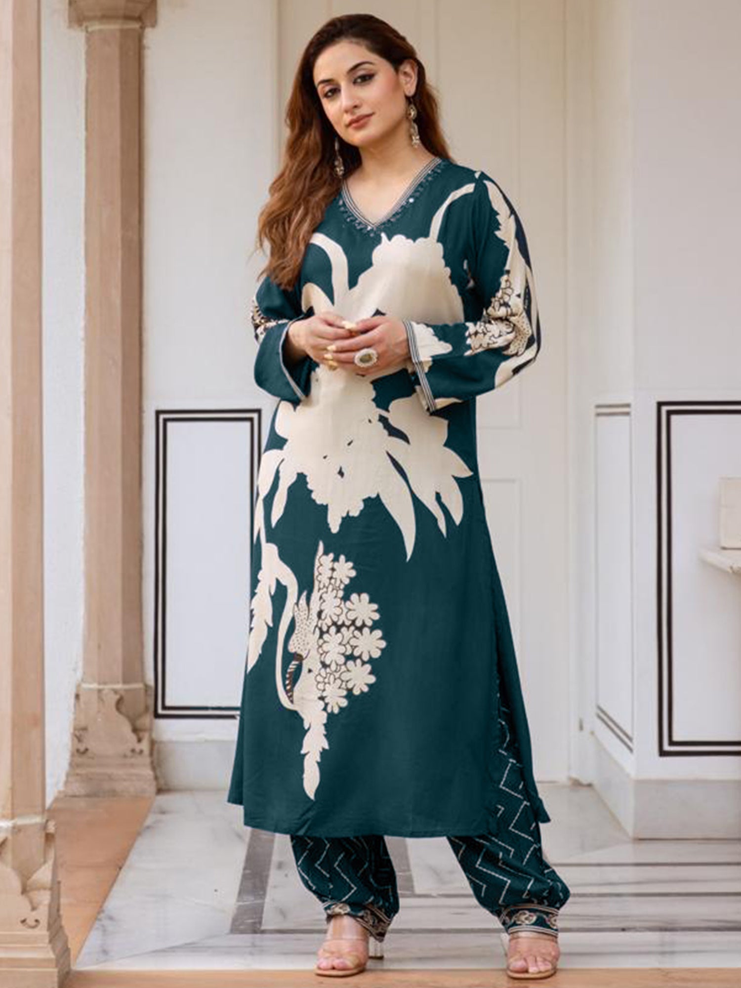 Teal Printed A-Line Kurta Salwar set