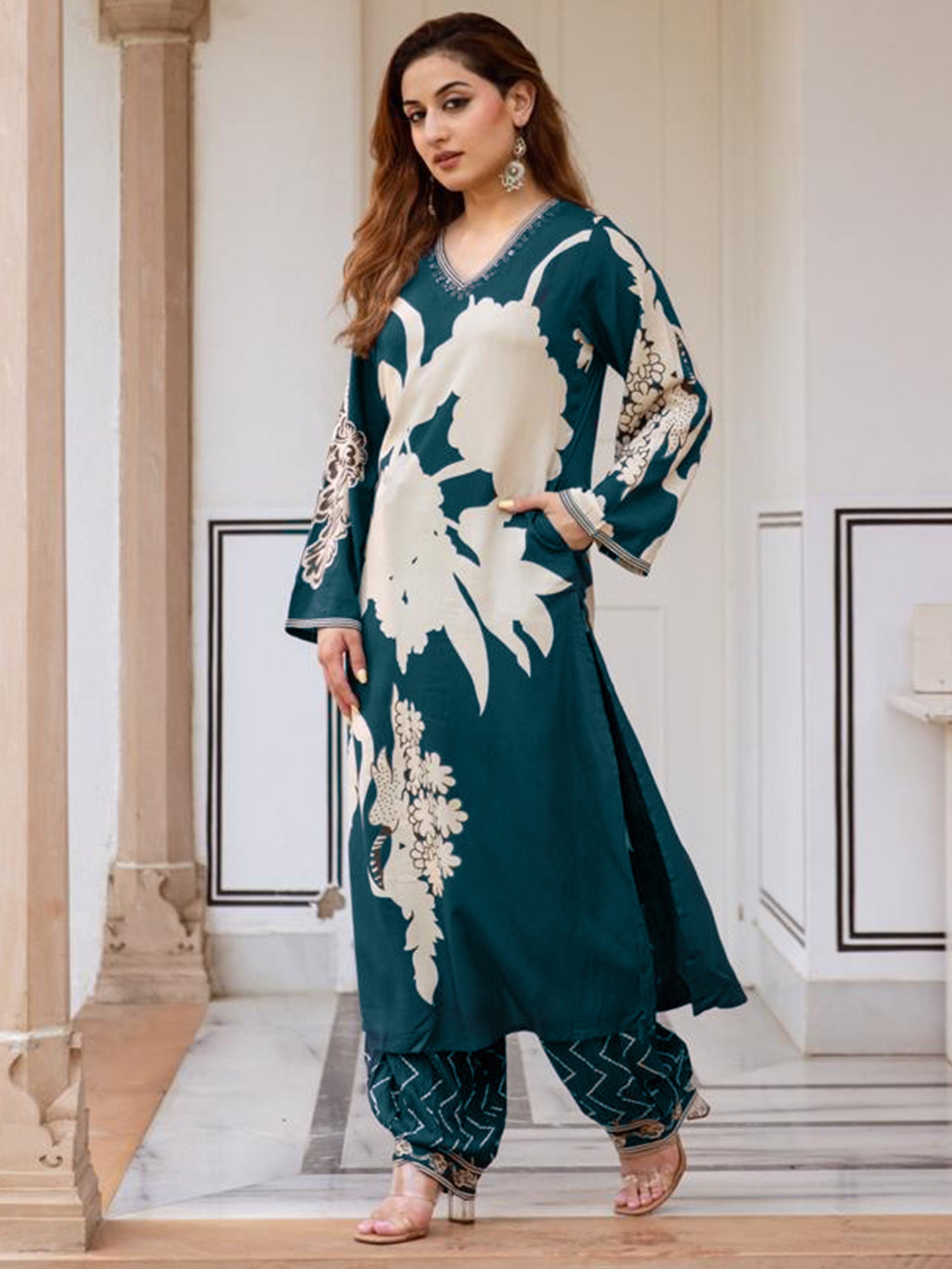 Teal Printed A-Line Kurta Salwar set