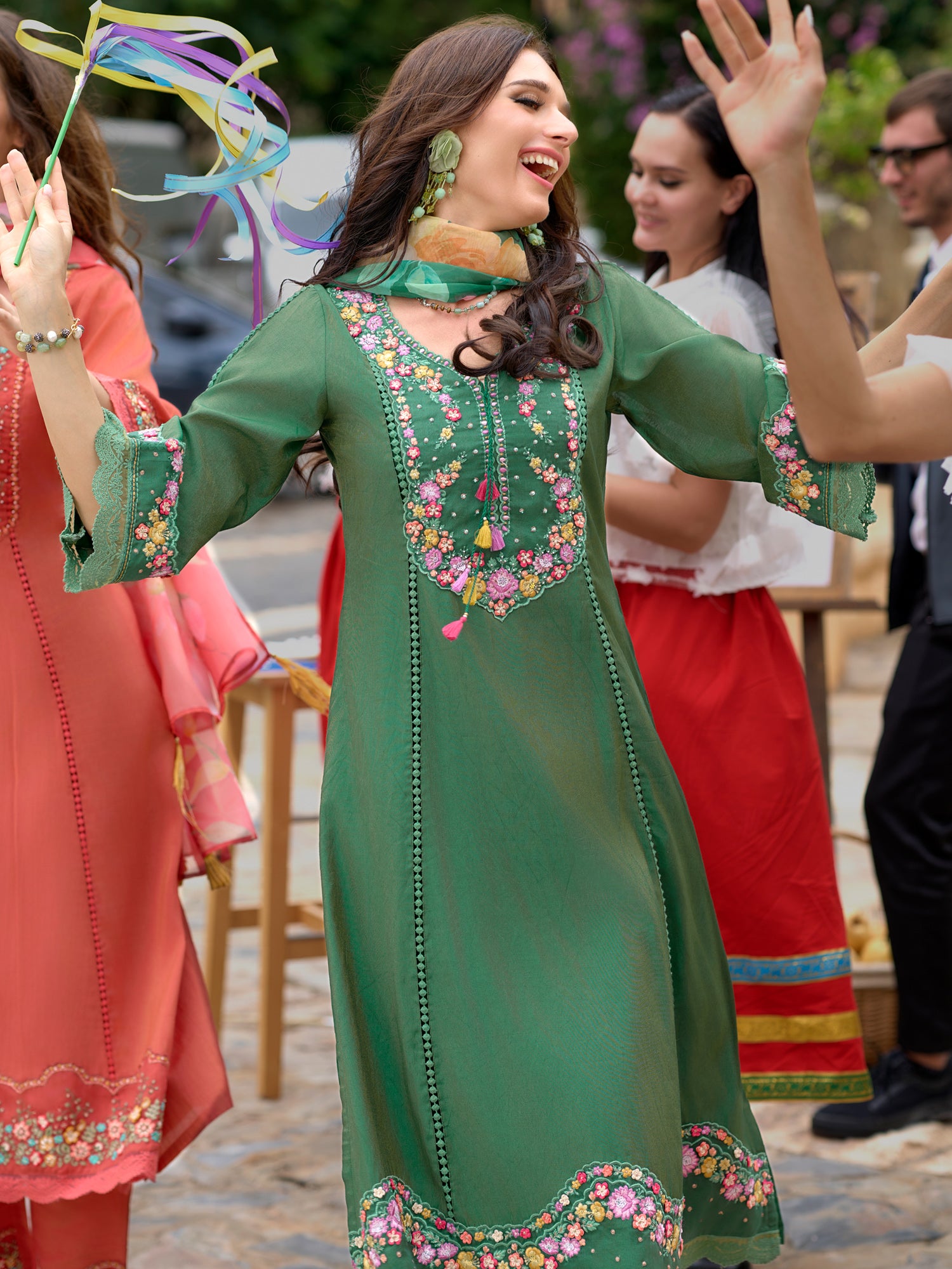 Green Embroidered A-Line Kurta Trousers With Dupatta Set