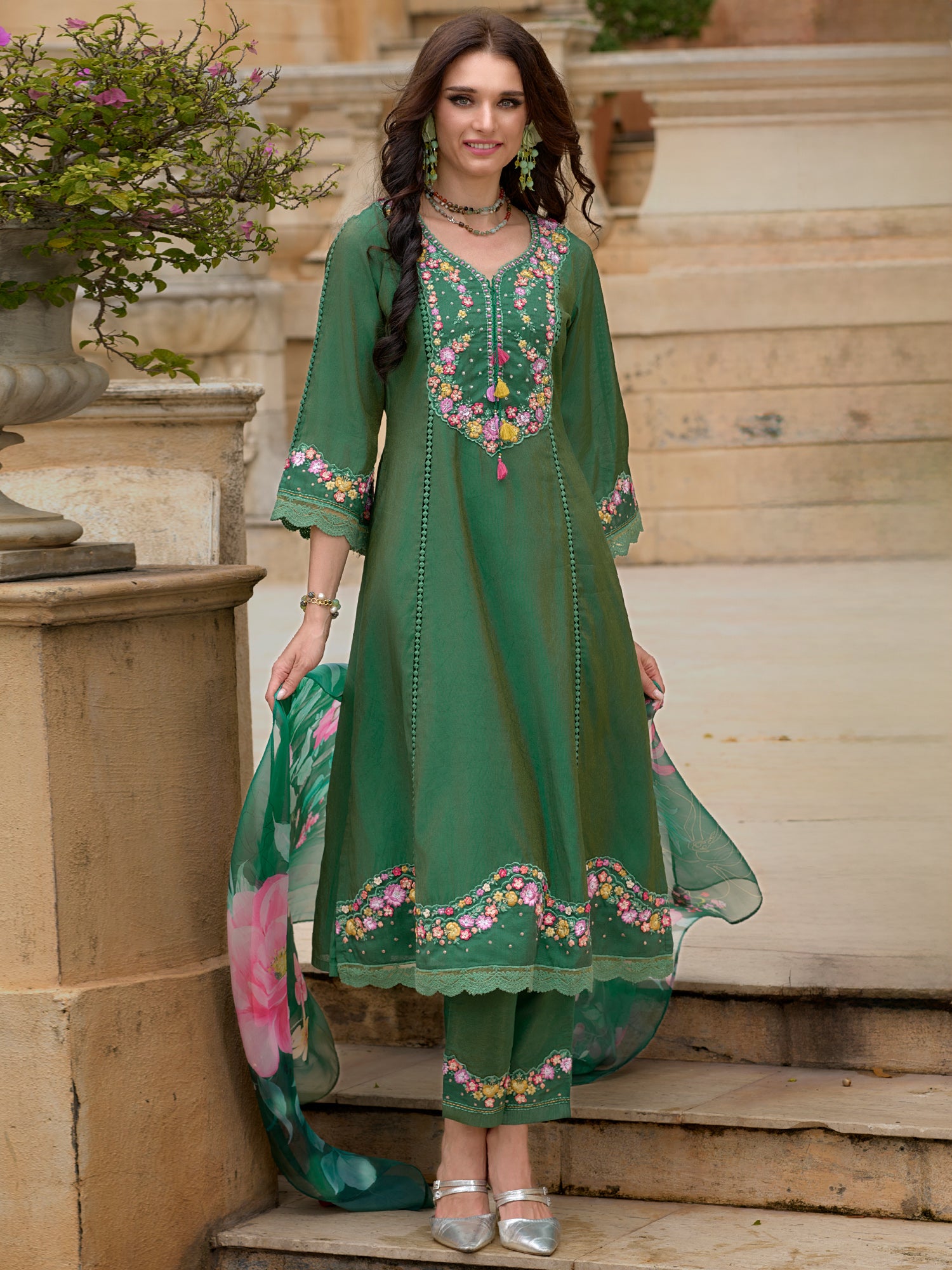 Green Embroidered A-Line Kurta Trousers With Dupatta Set