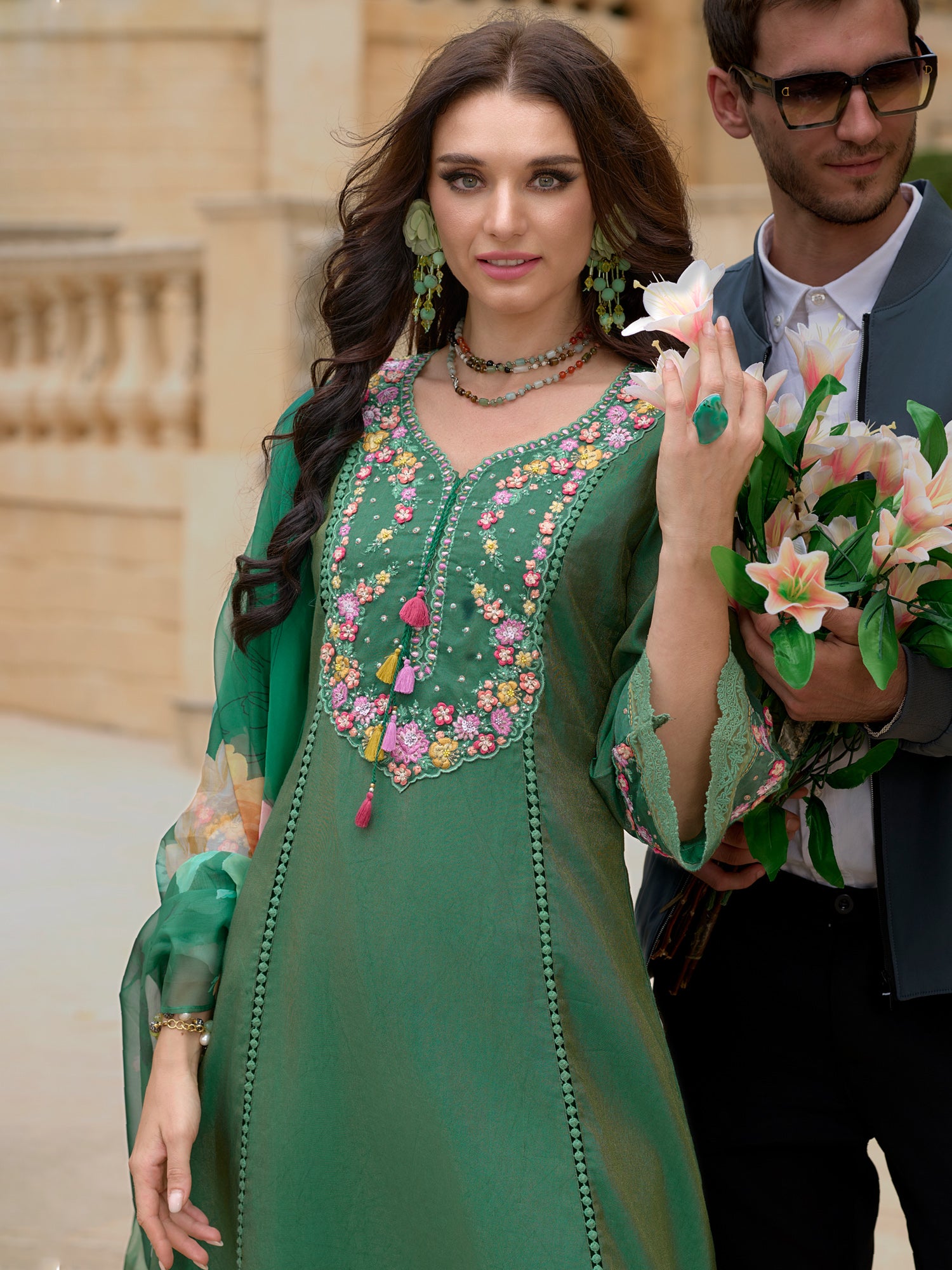 Green Embroidered A-Line Kurta Trousers With Dupatta Set