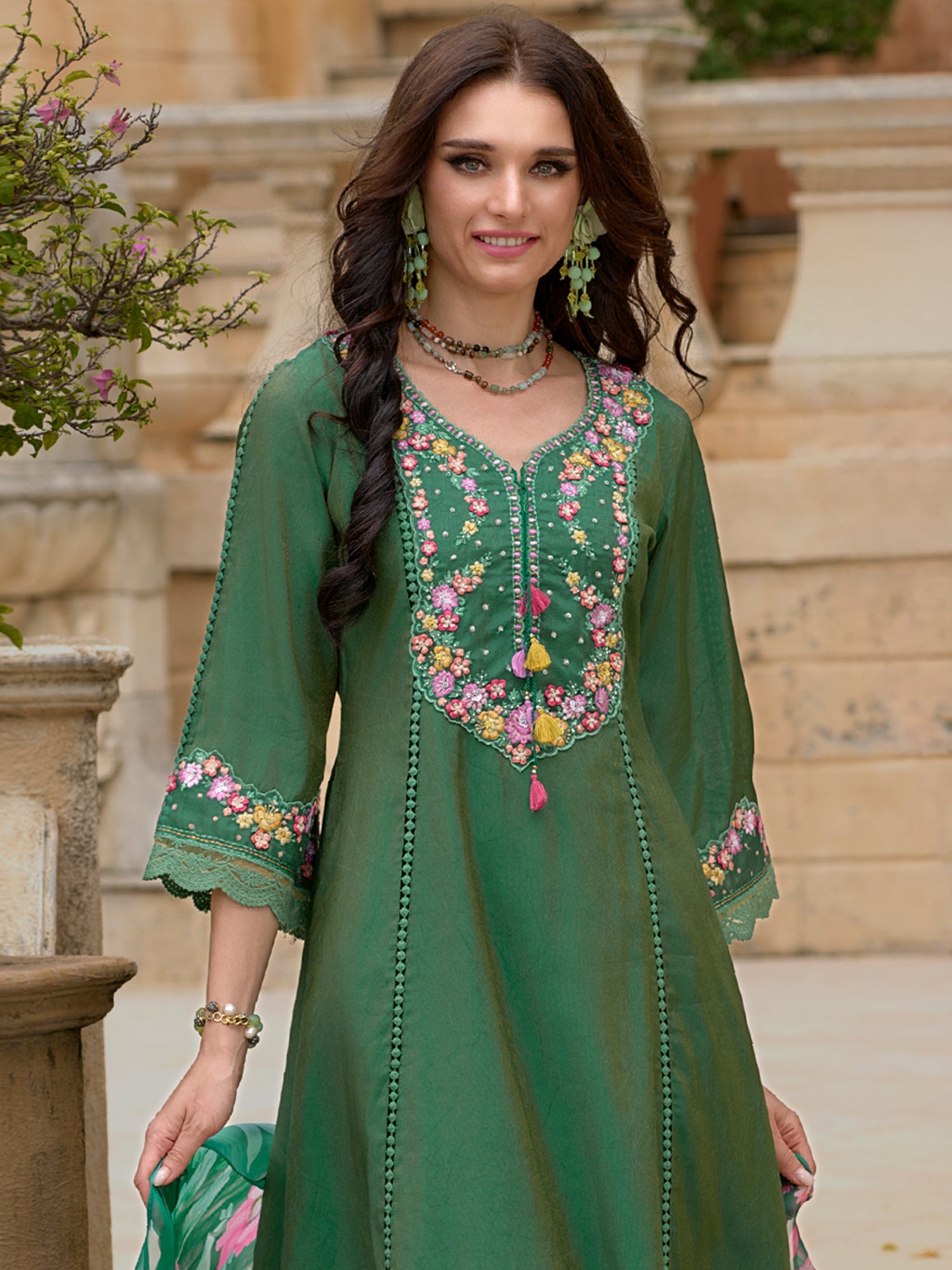 Green Embroidered A-Line Kurta Trousers With Dupatta Set