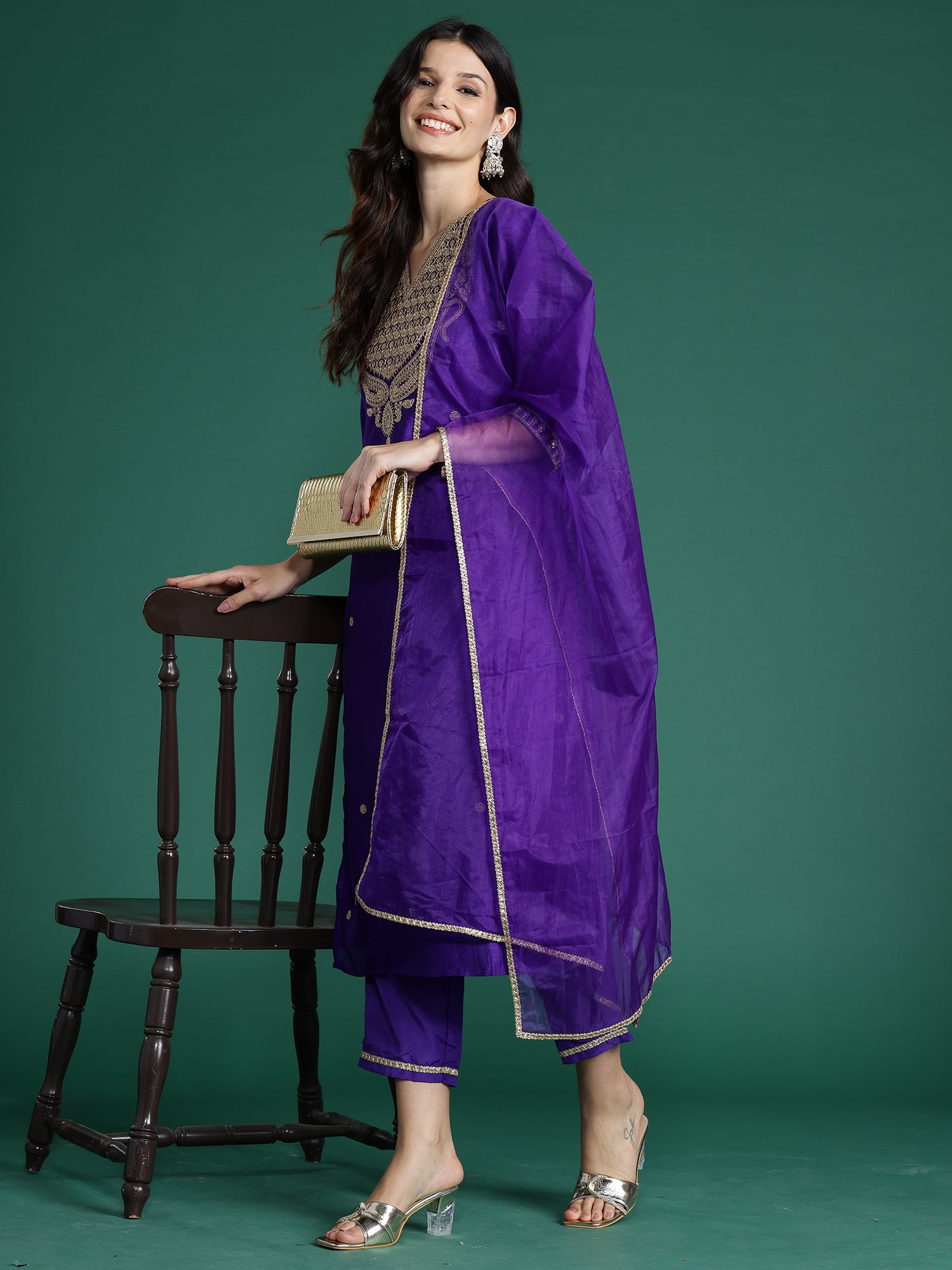 Purple Embroidered Straight Kurta Trousers With Dupatta set