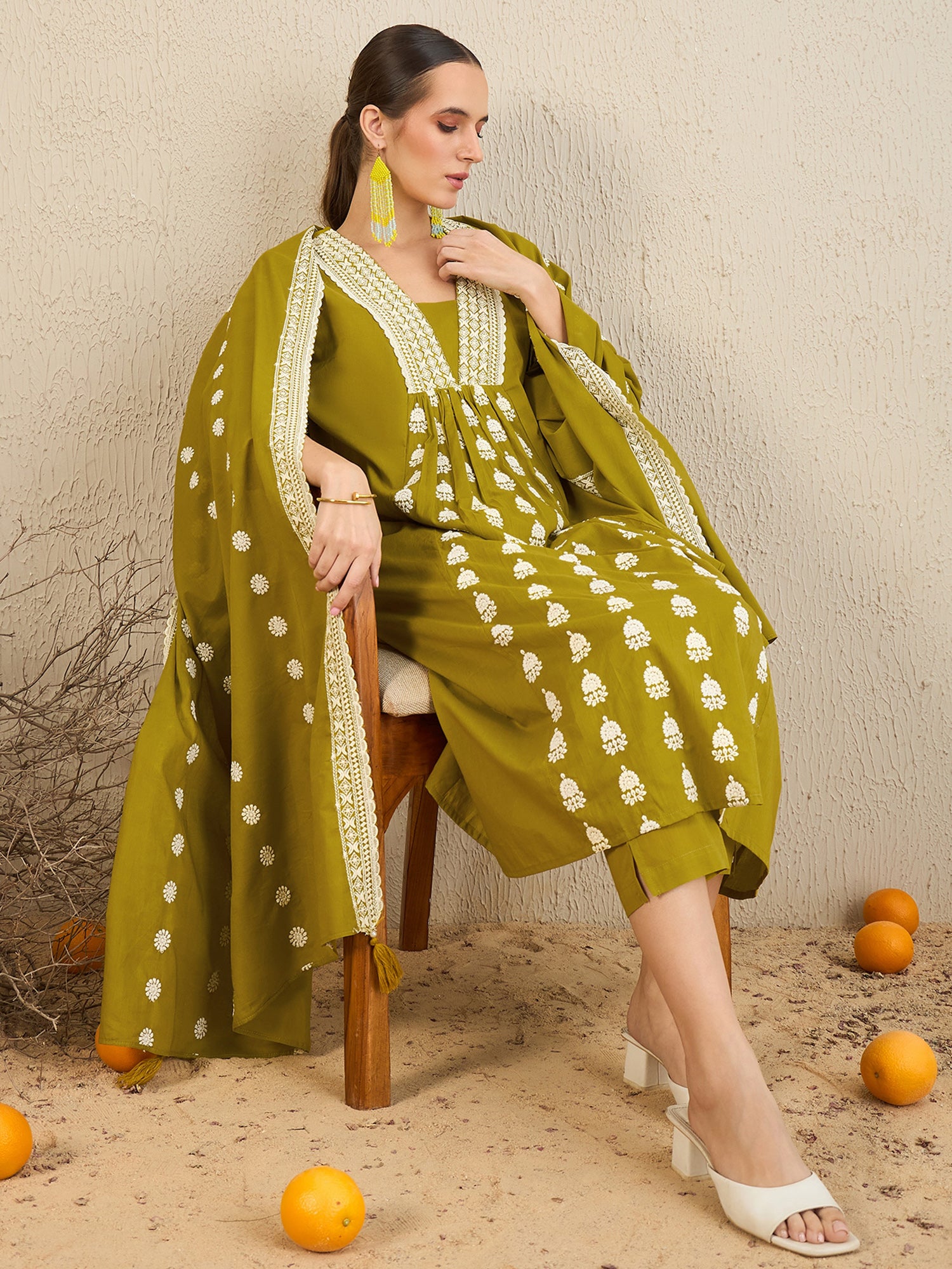 Green Embroidered A-Line Kurta Trousers With Dupatta Set