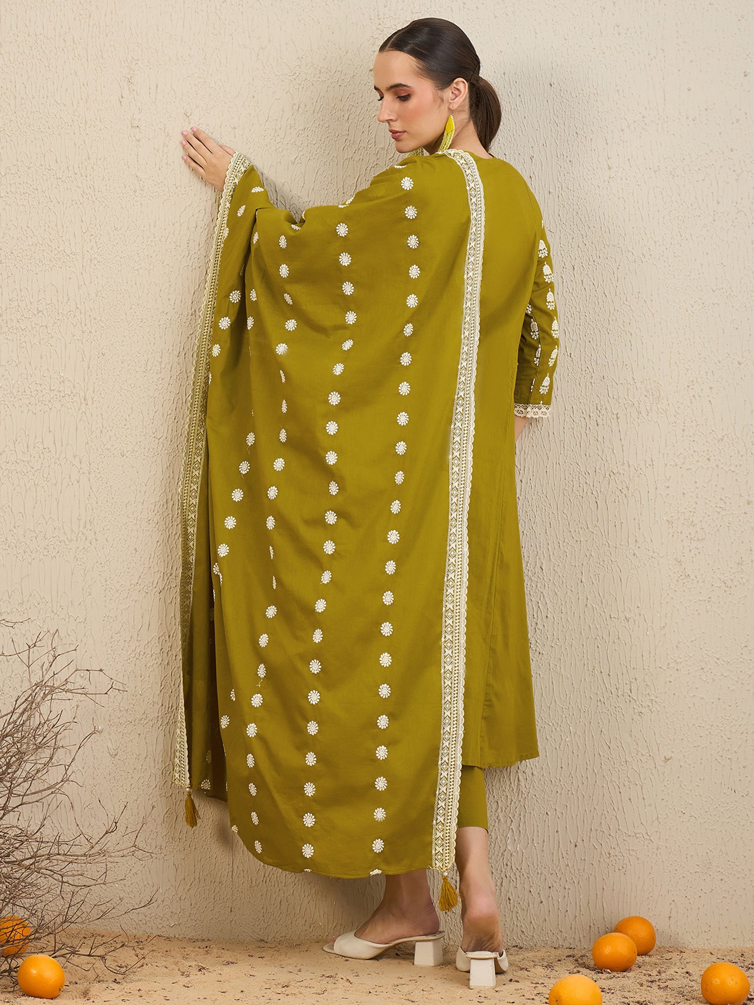 Green Embroidered A-Line Kurta Trousers With Dupatta Set