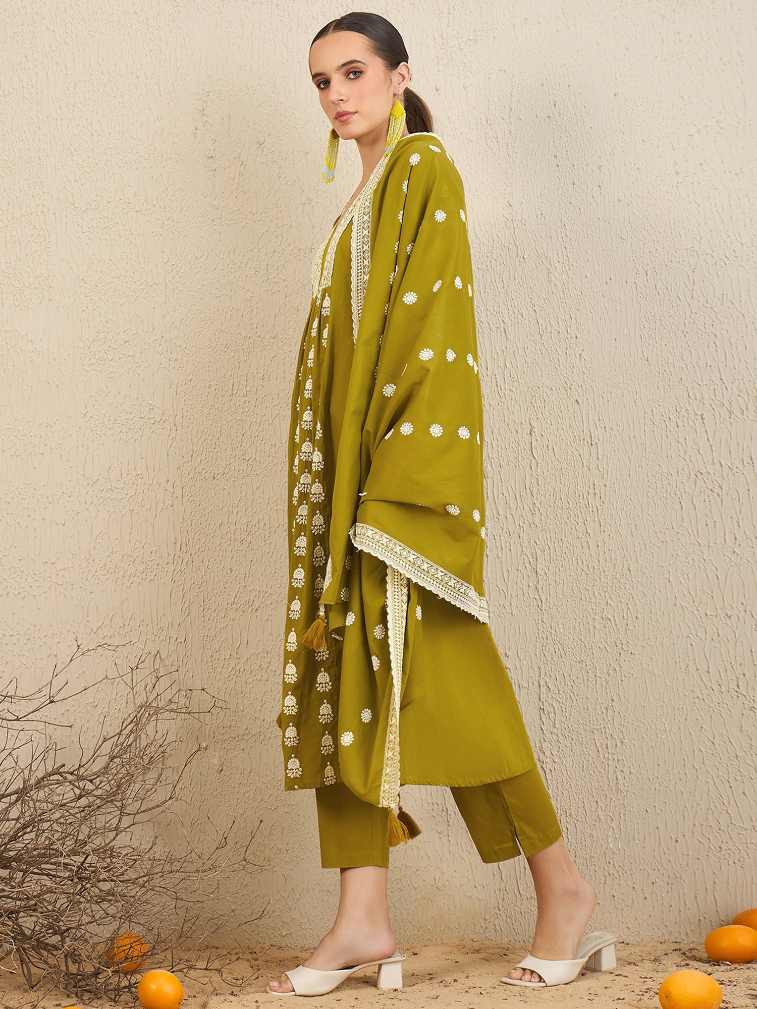 Green Embroidered A-Line Kurta Trousers With Dupatta Set
