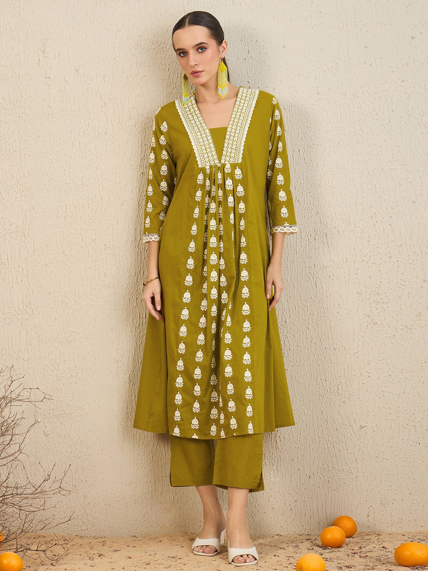 Green Embroidered A-Line Kurta Trousers With Dupatta Set