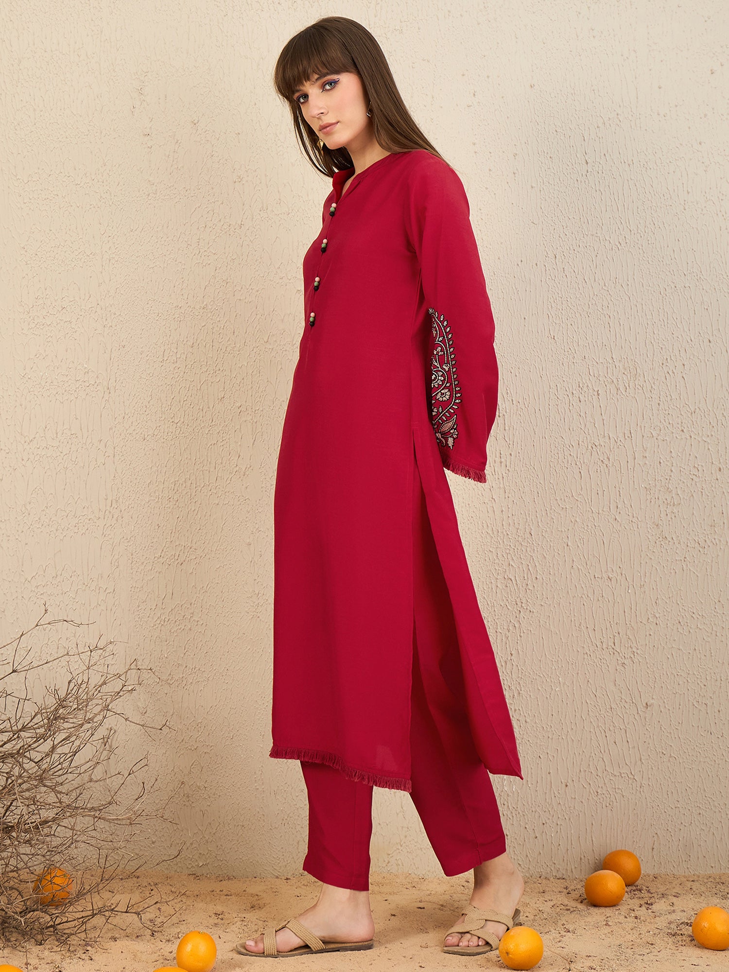 Red Embroidered Straight Kurta Trousers set