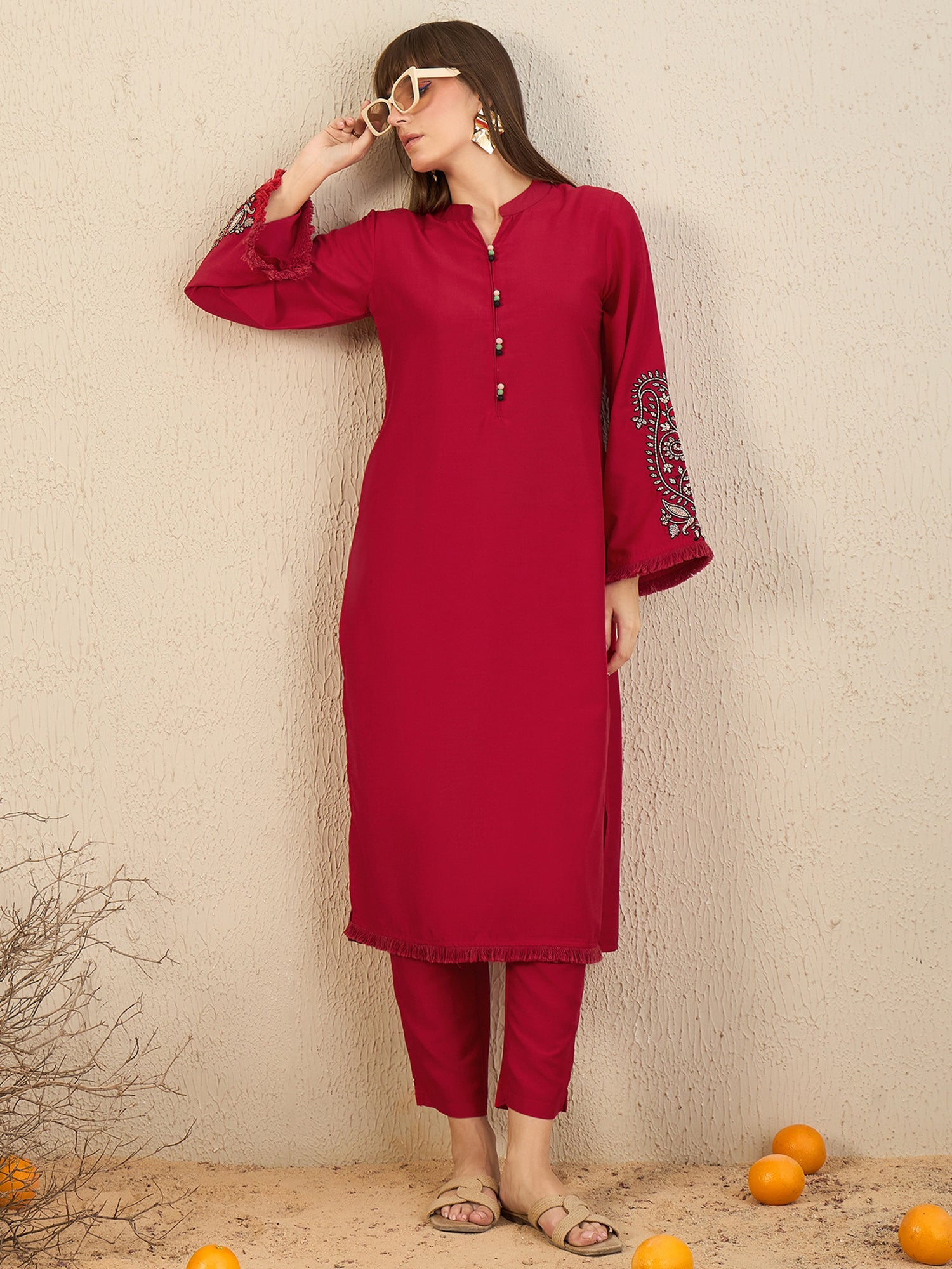 Red Embroidered Straight Kurta Trousers set