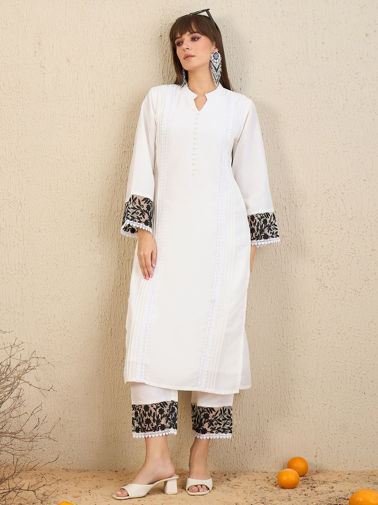 White Embroidered Straight Kurta Trousers set