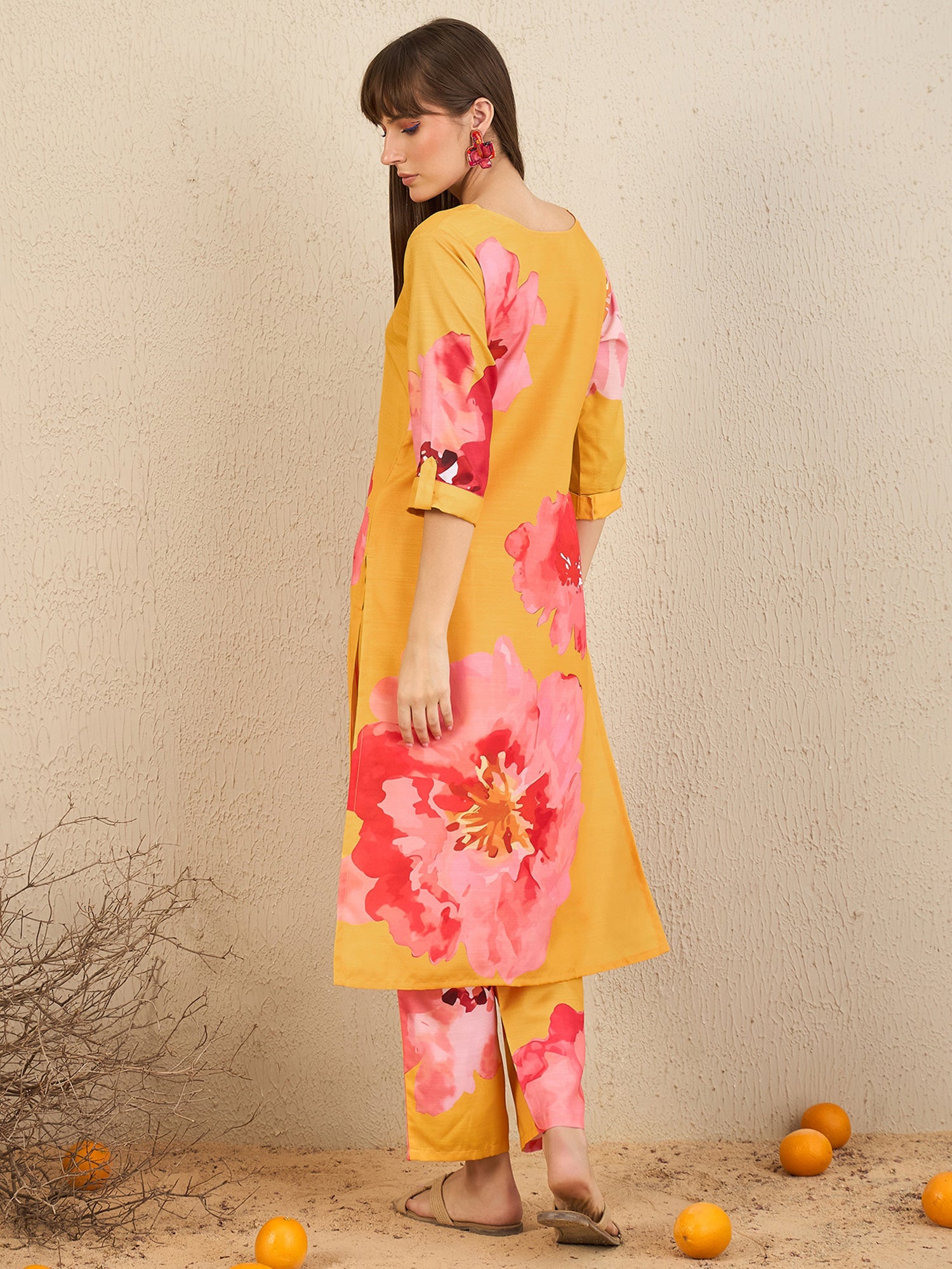 Yellow Printed Straight Kurta Trousers Set