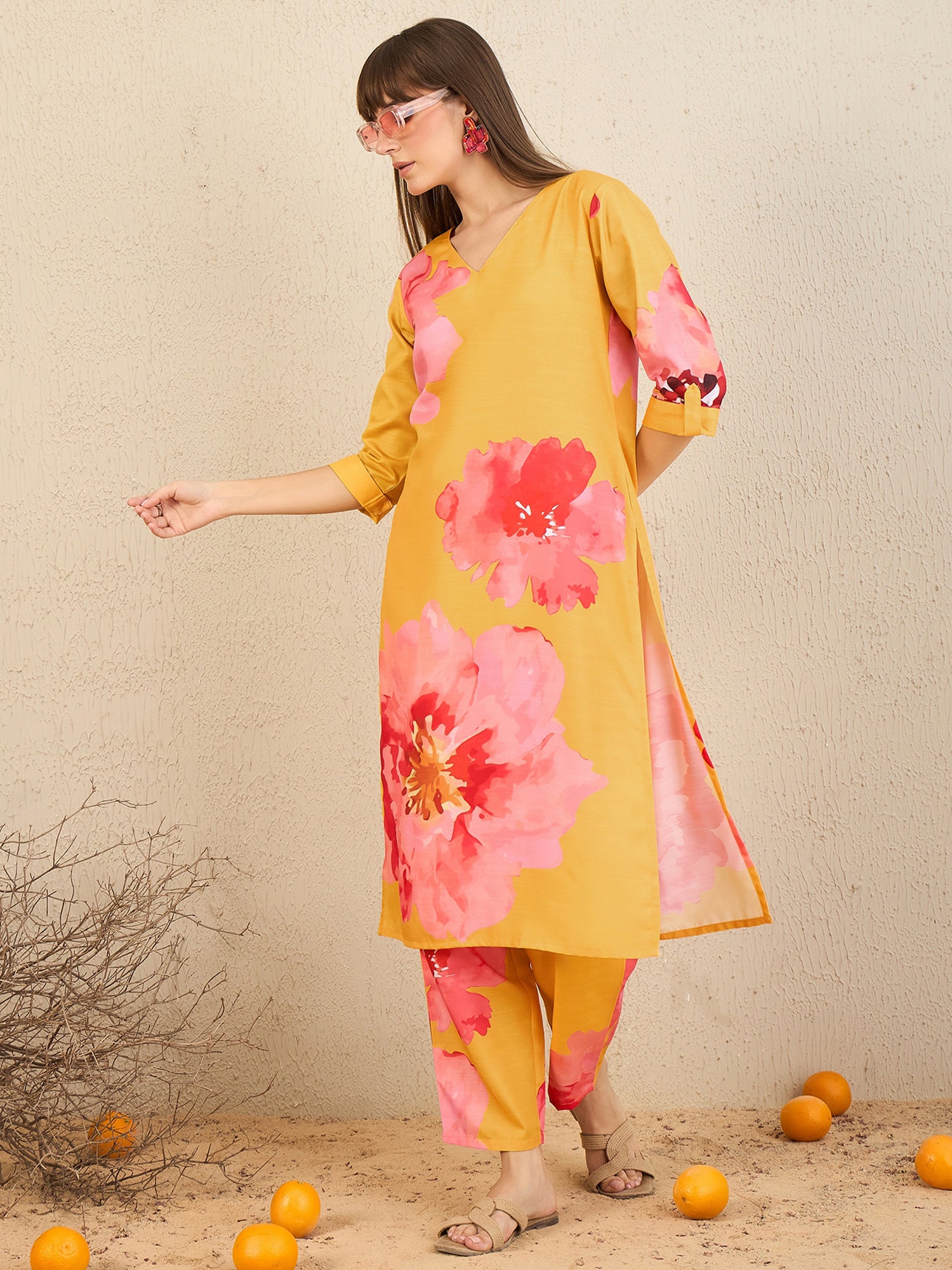 Yellow Printed Straight Kurta Trousers Set