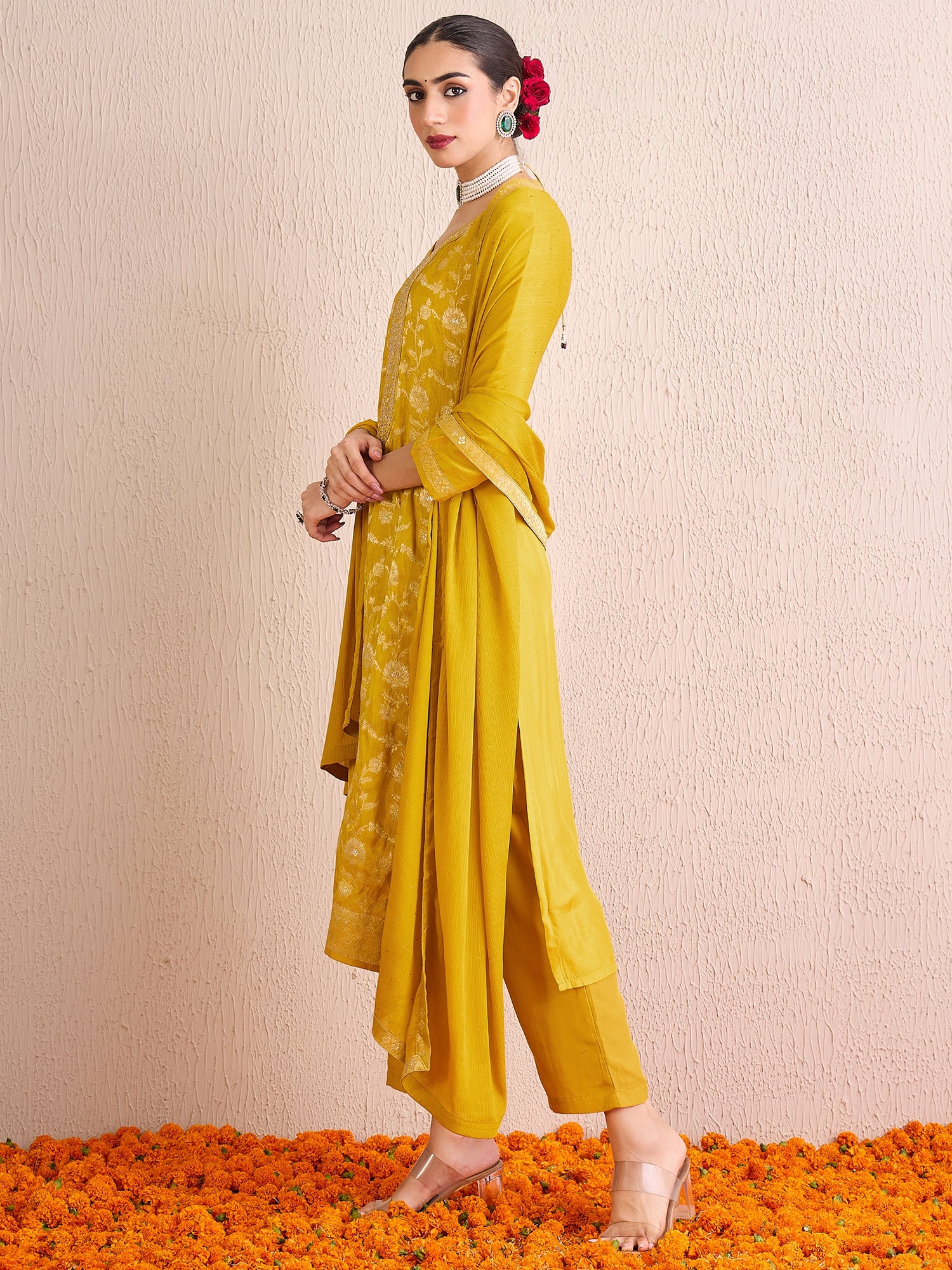 Yellow Embroidered Straight Kurta Trousers With Dupatta Set