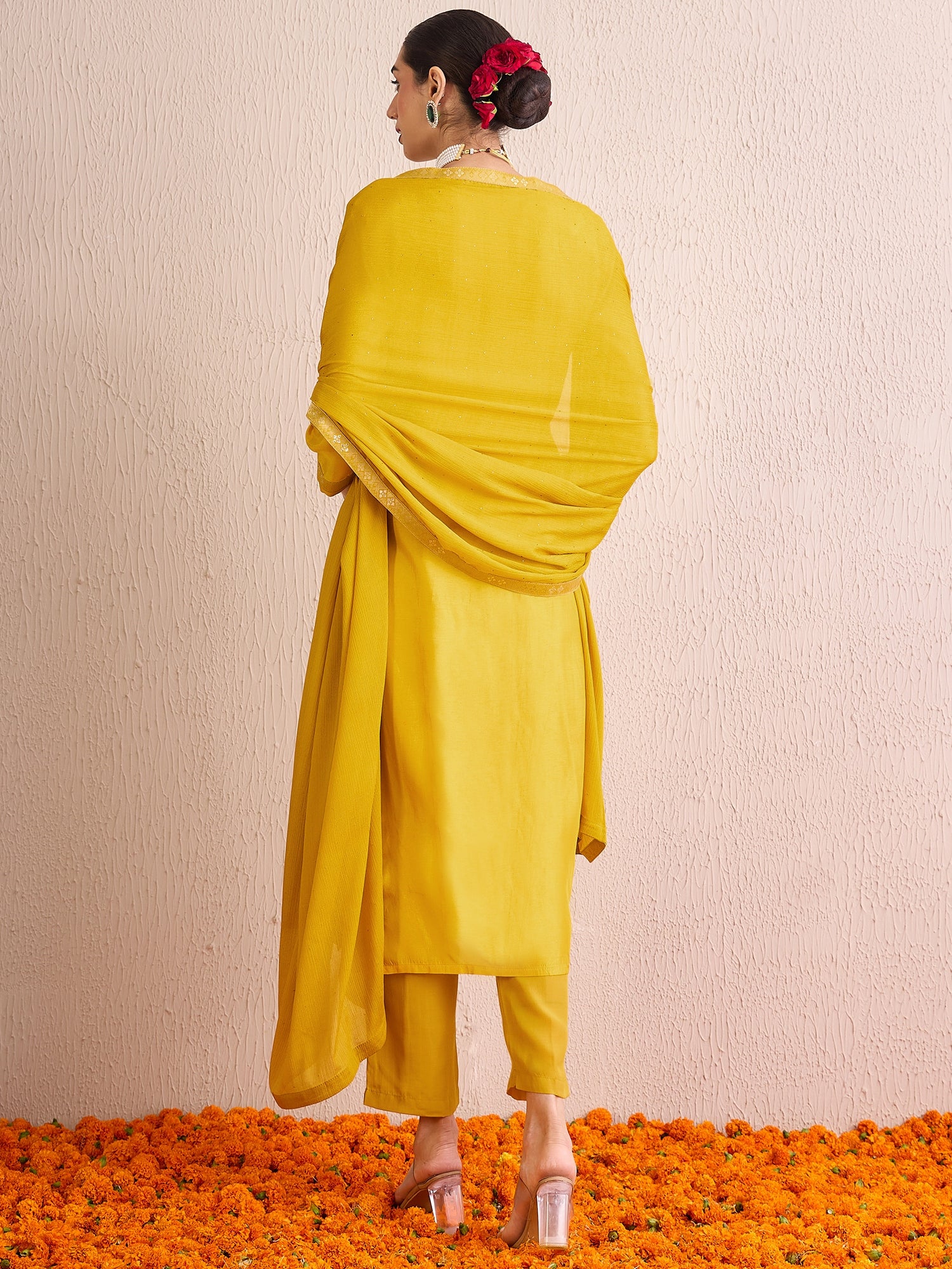 Yellow Embroidered Straight Kurta Trousers With Dupatta Set