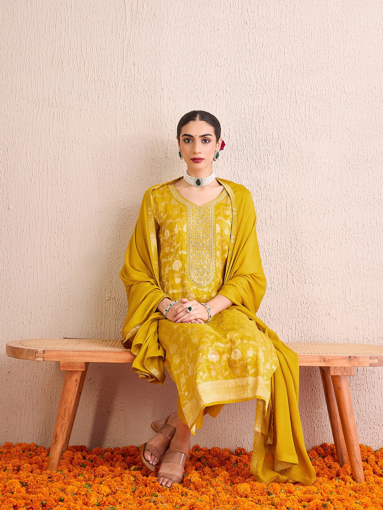 Yellow Embroidered Straight Kurta Trousers With Dupatta Set