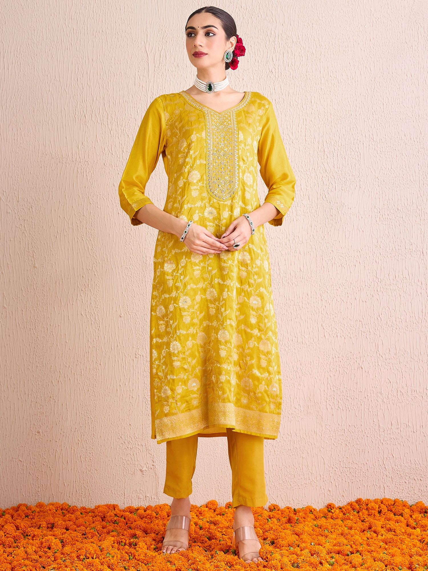 Yellow Embroidered Straight Kurta Trousers With Dupatta Set