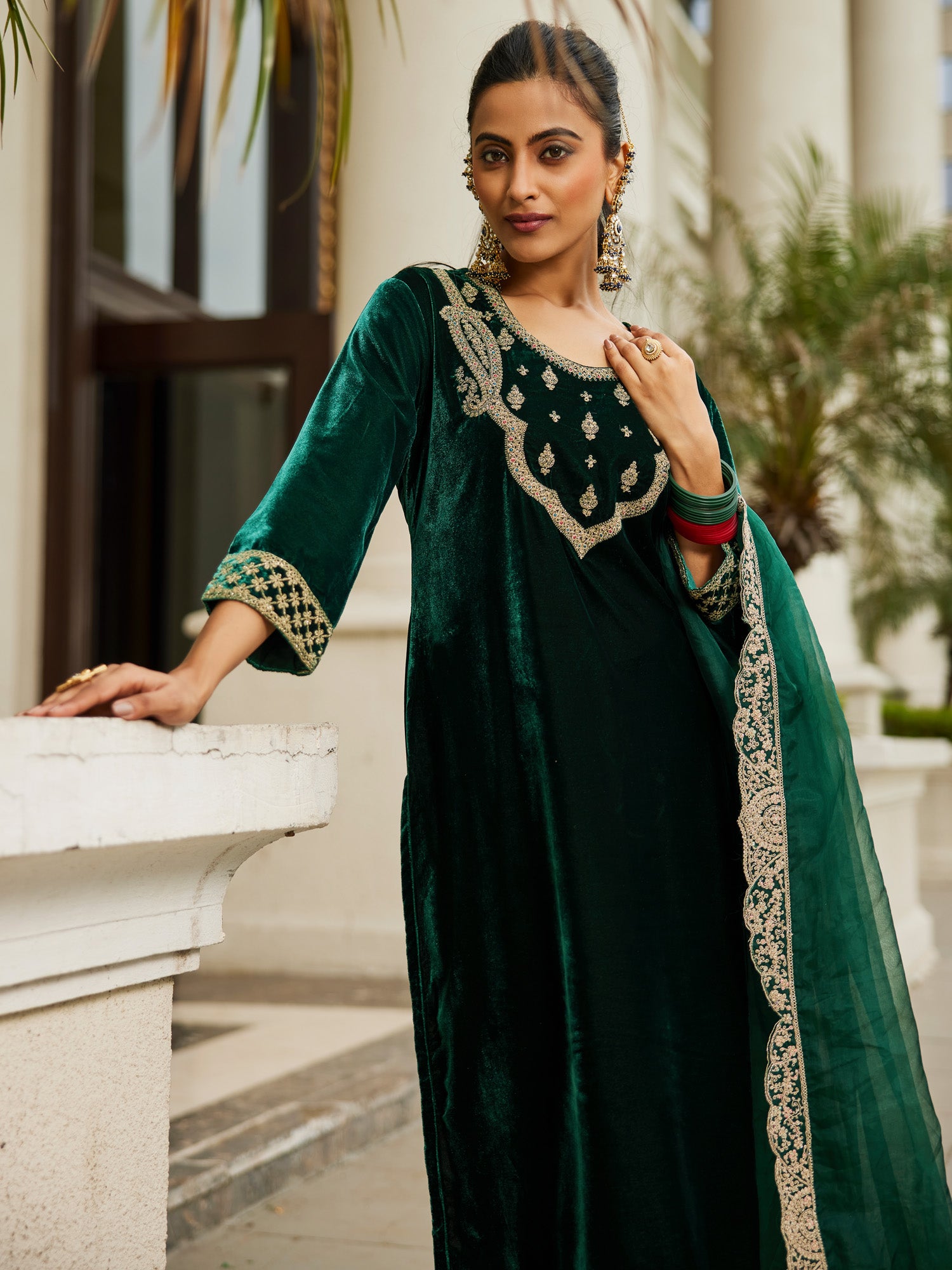 Green Embroidered Straight Kurta Trousers With Dupatta Set