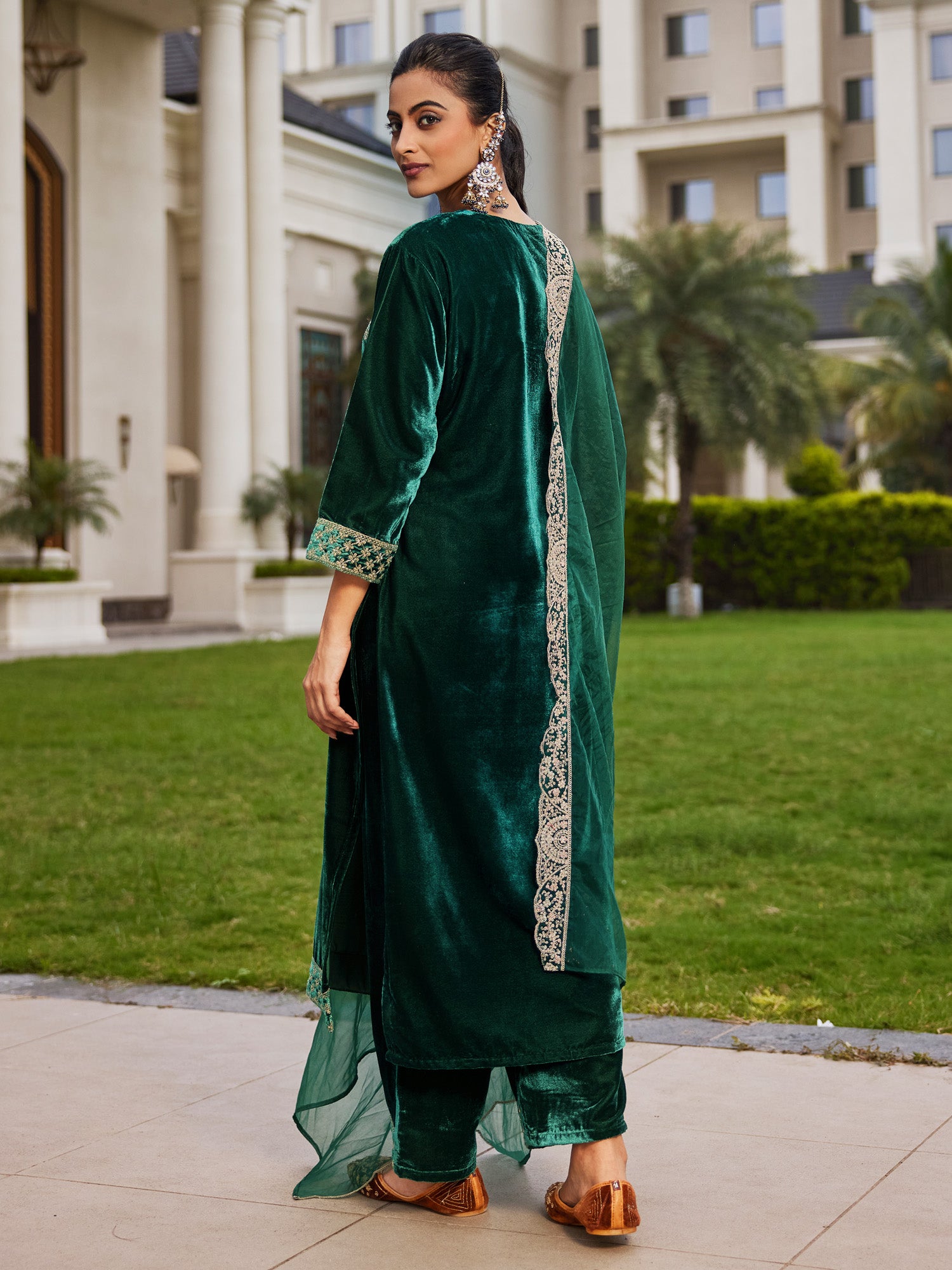 Green Embroidered Straight Kurta Trousers With Dupatta Set
