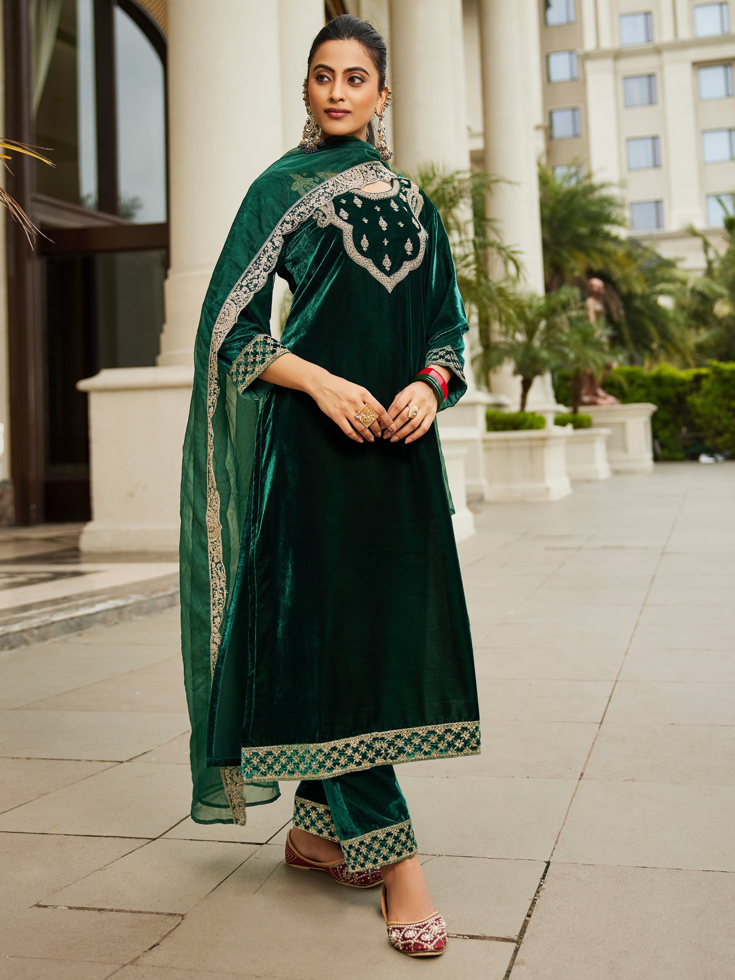 Green Embroidered Straight Kurta Trousers With Dupatta Set