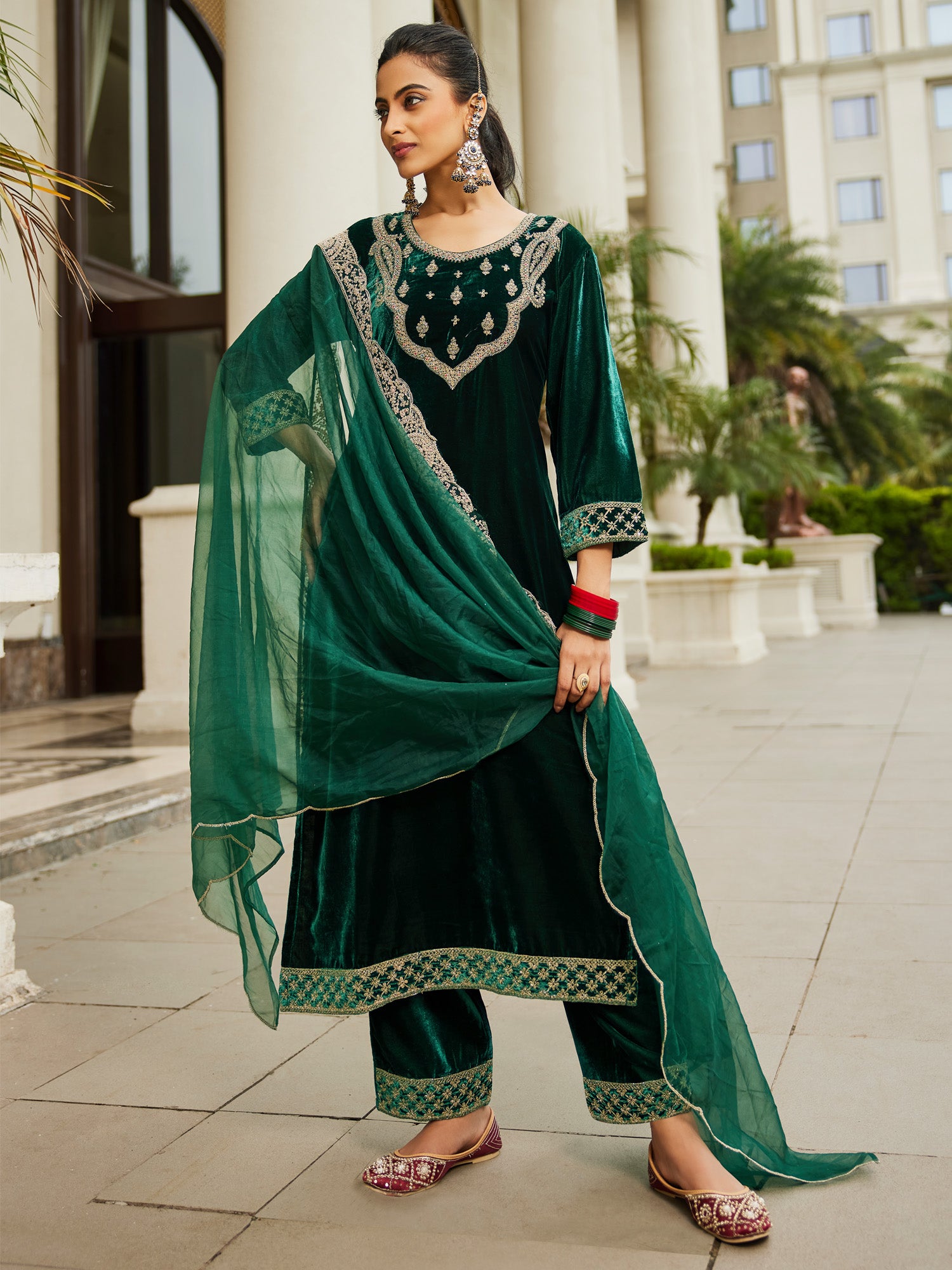 Green Embroidered Straight Kurta Trousers With Dupatta Set