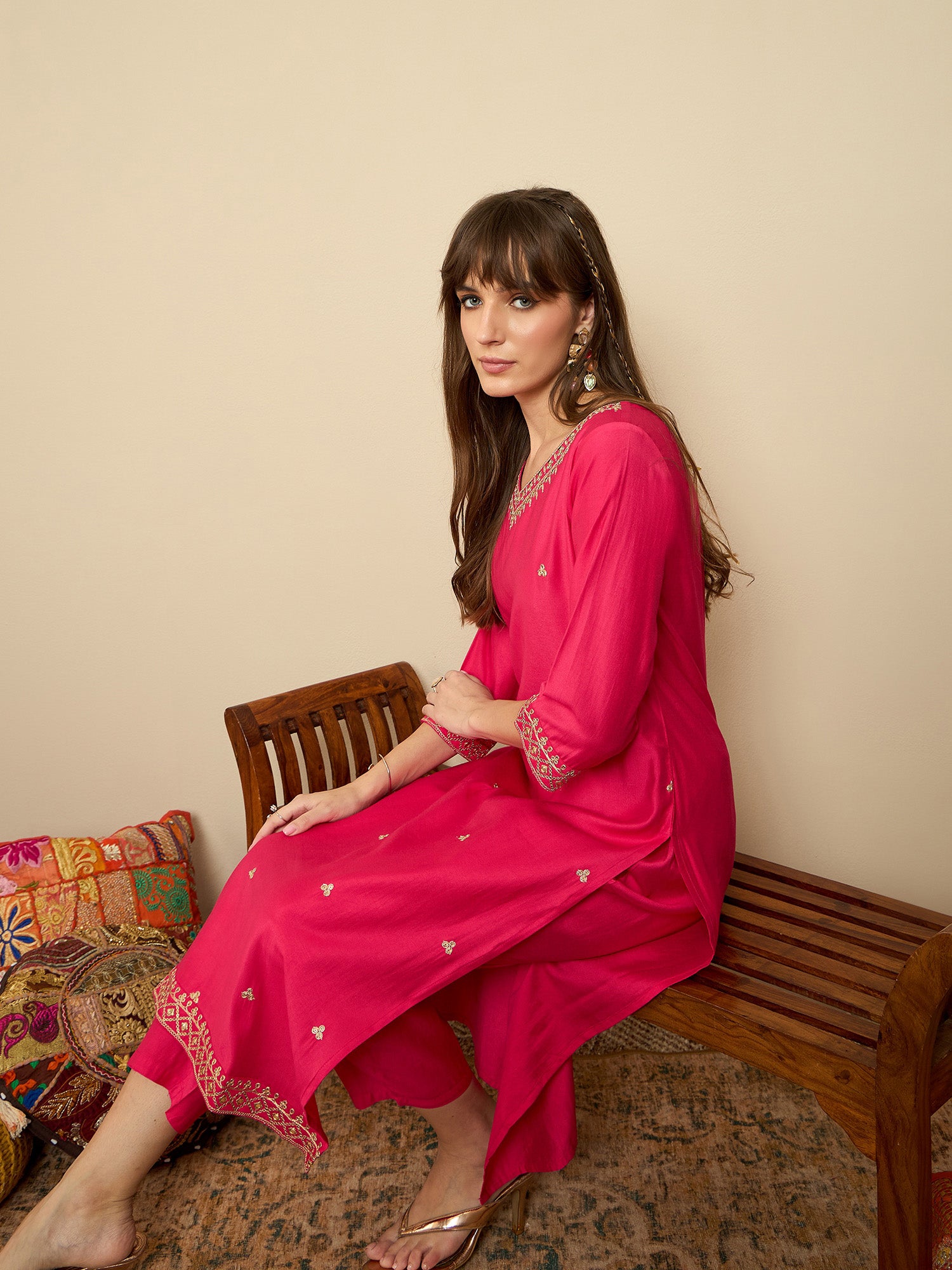 Pink Embroidered Straight Kurta Trousers set