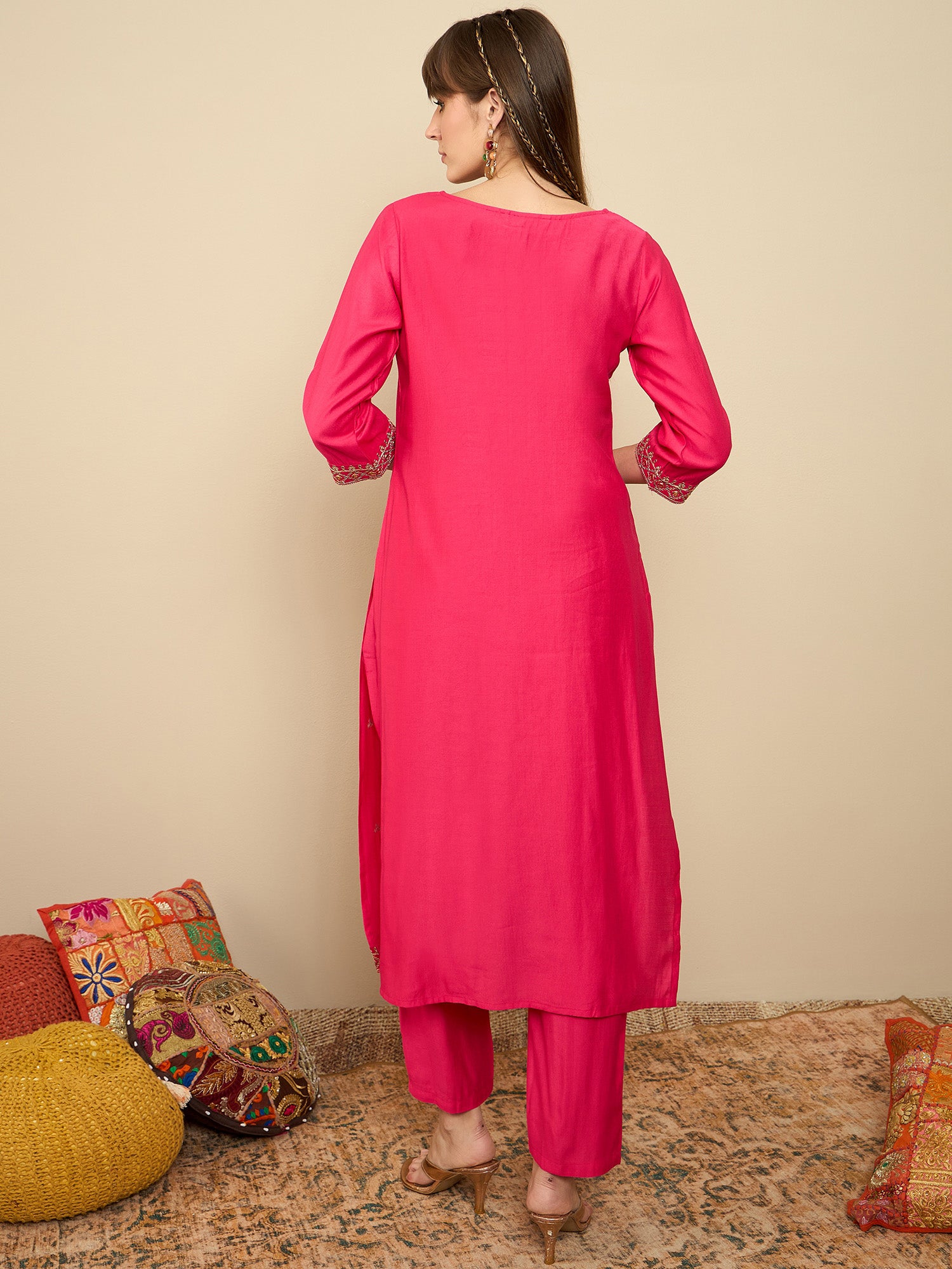 Pink Embroidered Straight Kurta Trousers set