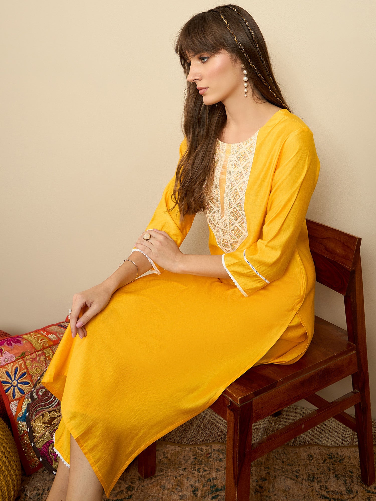 Yellow Embroidered Straight Kurta Trousers Set