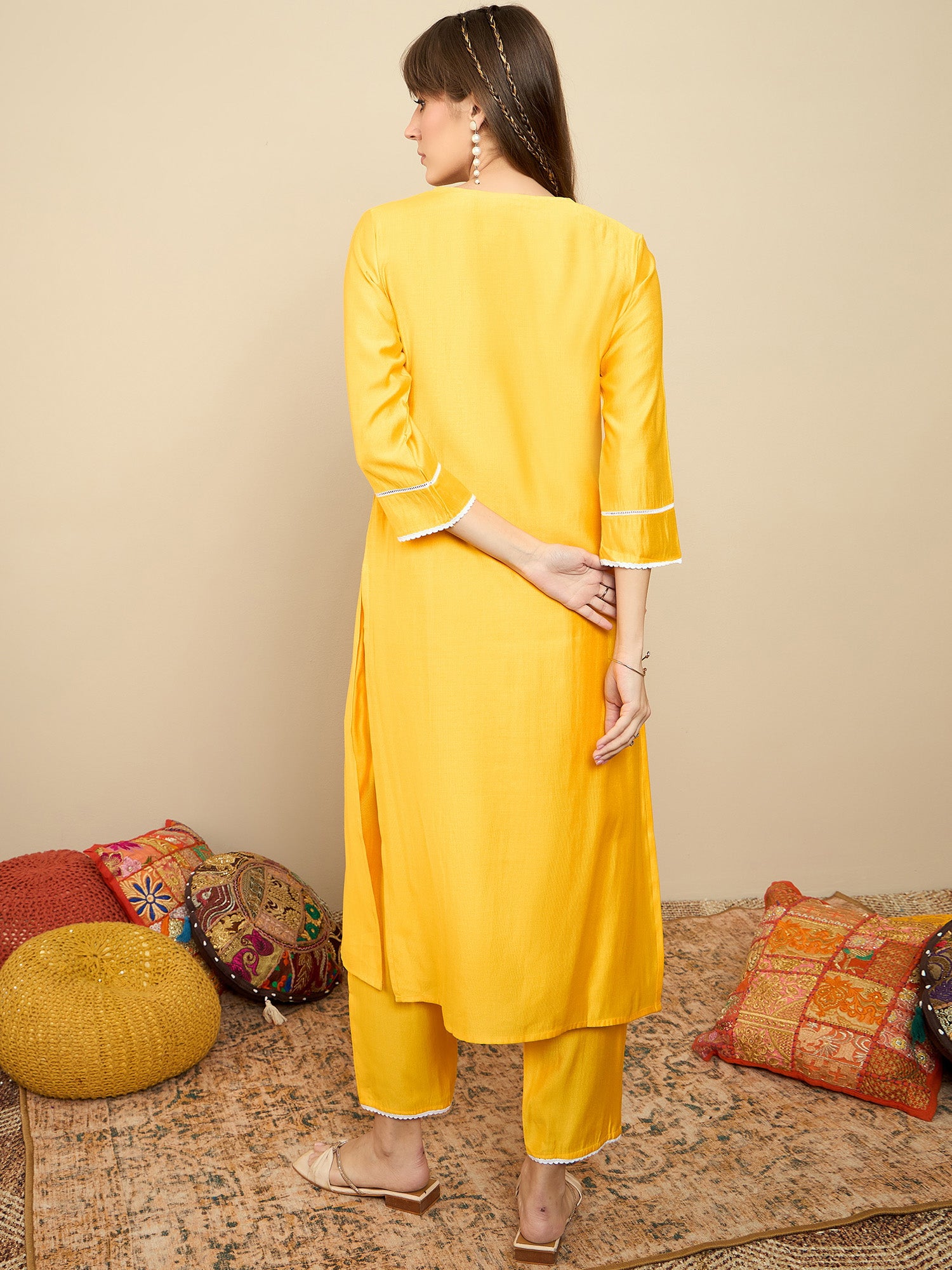 Yellow Embroidered Straight Kurta Trousers Set