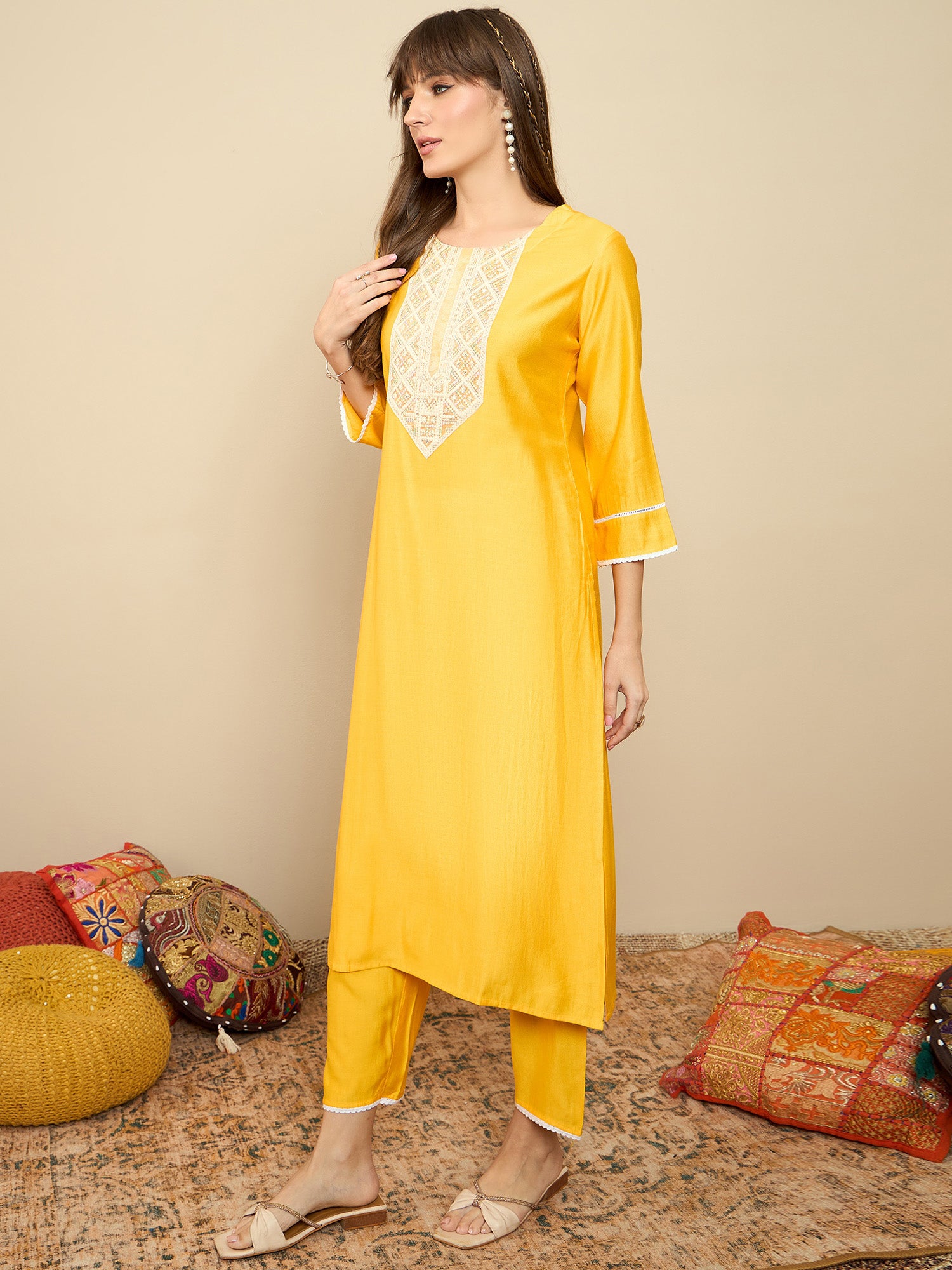 Yellow Embroidered Straight Kurta Trousers Set