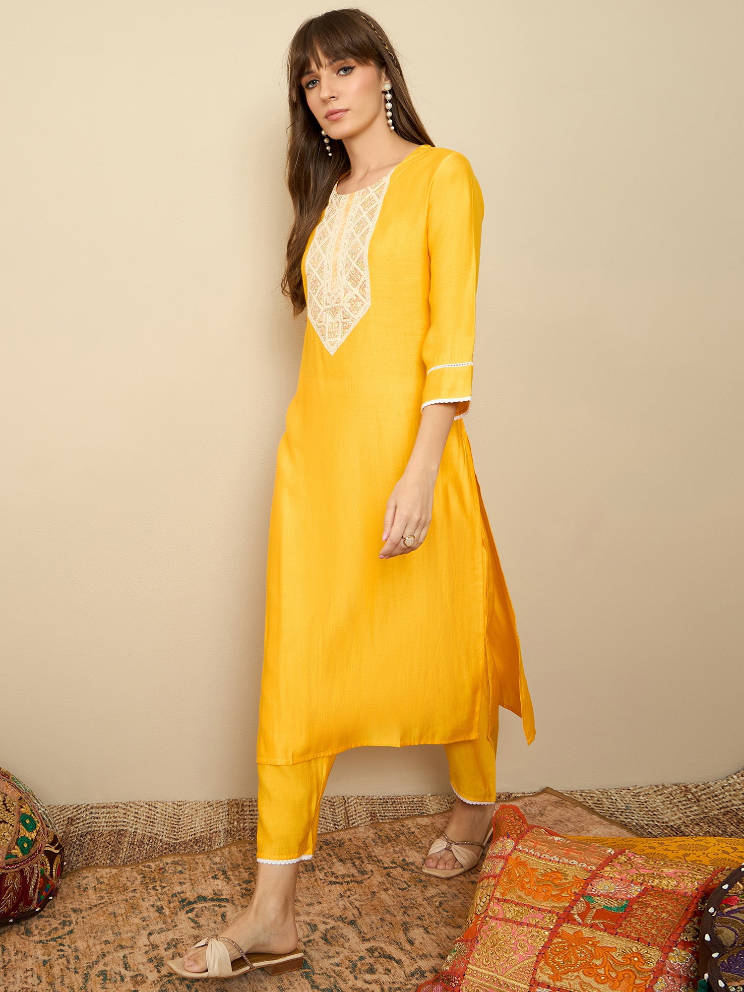 Yellow Embroidered Straight Kurta Trousers Set