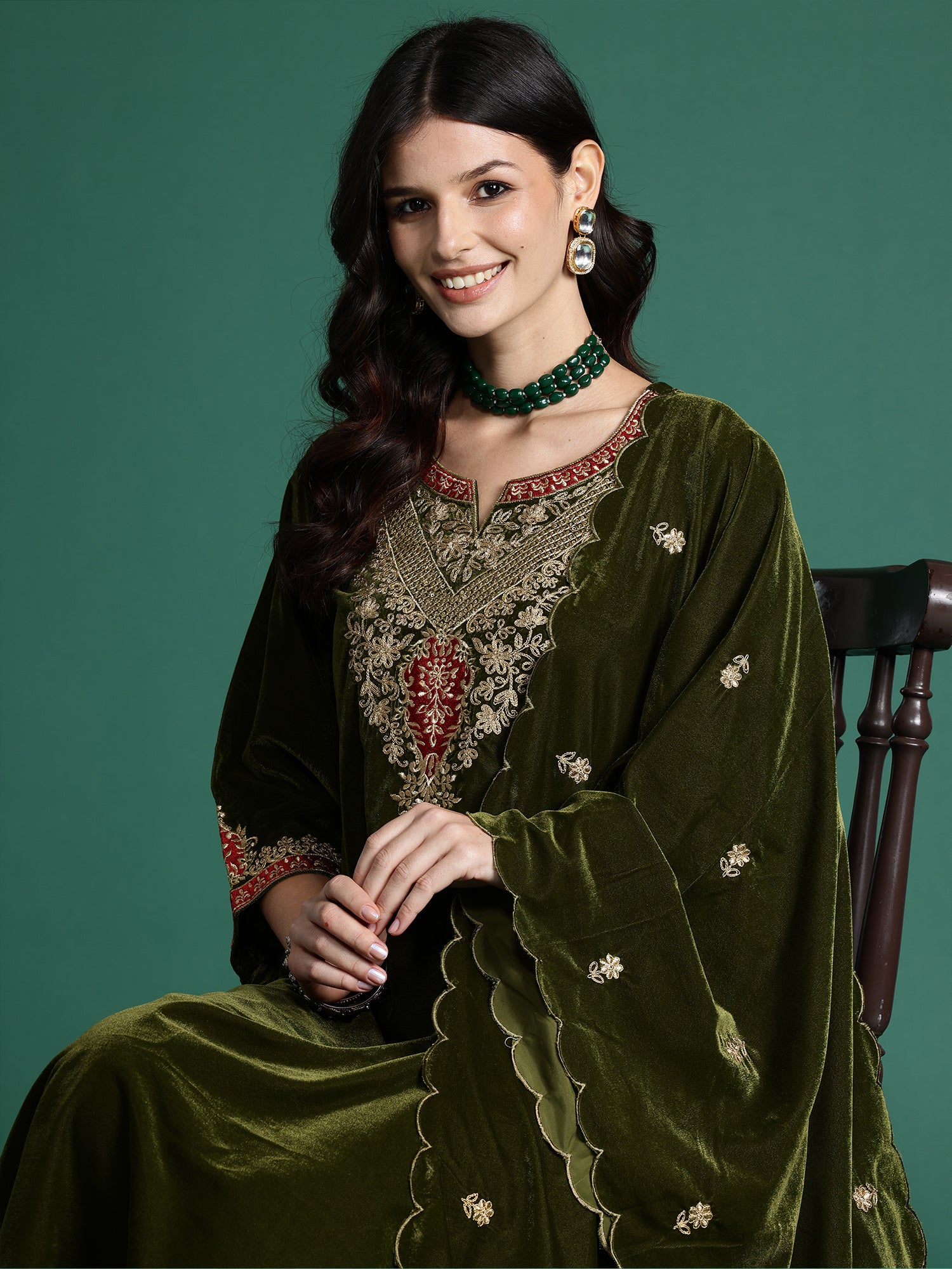 Green Embroidered Straight Kurta Trousers With Dupatta Set