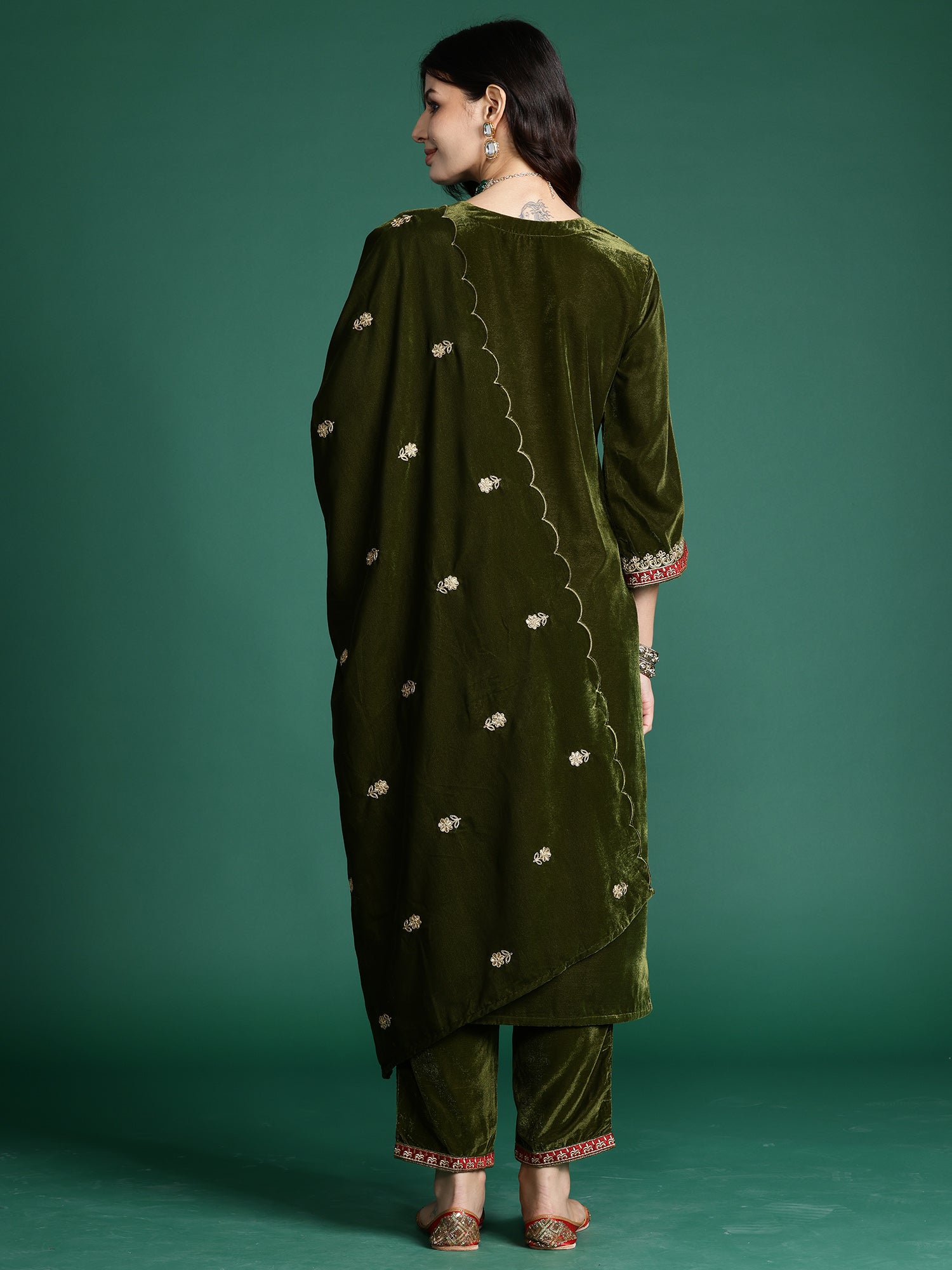 Green Embroidered Straight Kurta Trousers With Dupatta Set