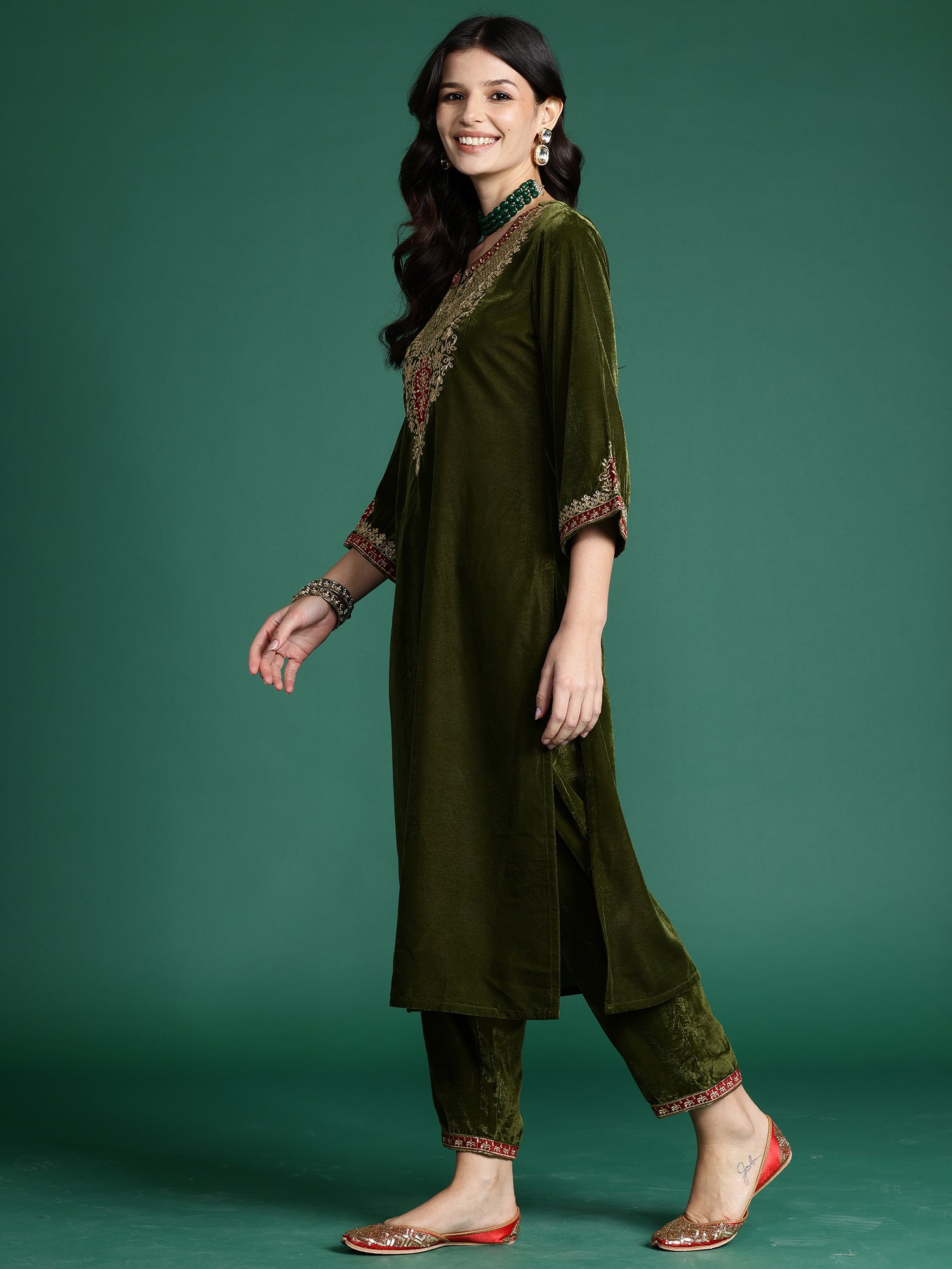 Green Embroidered Straight Kurta Trousers With Dupatta Set