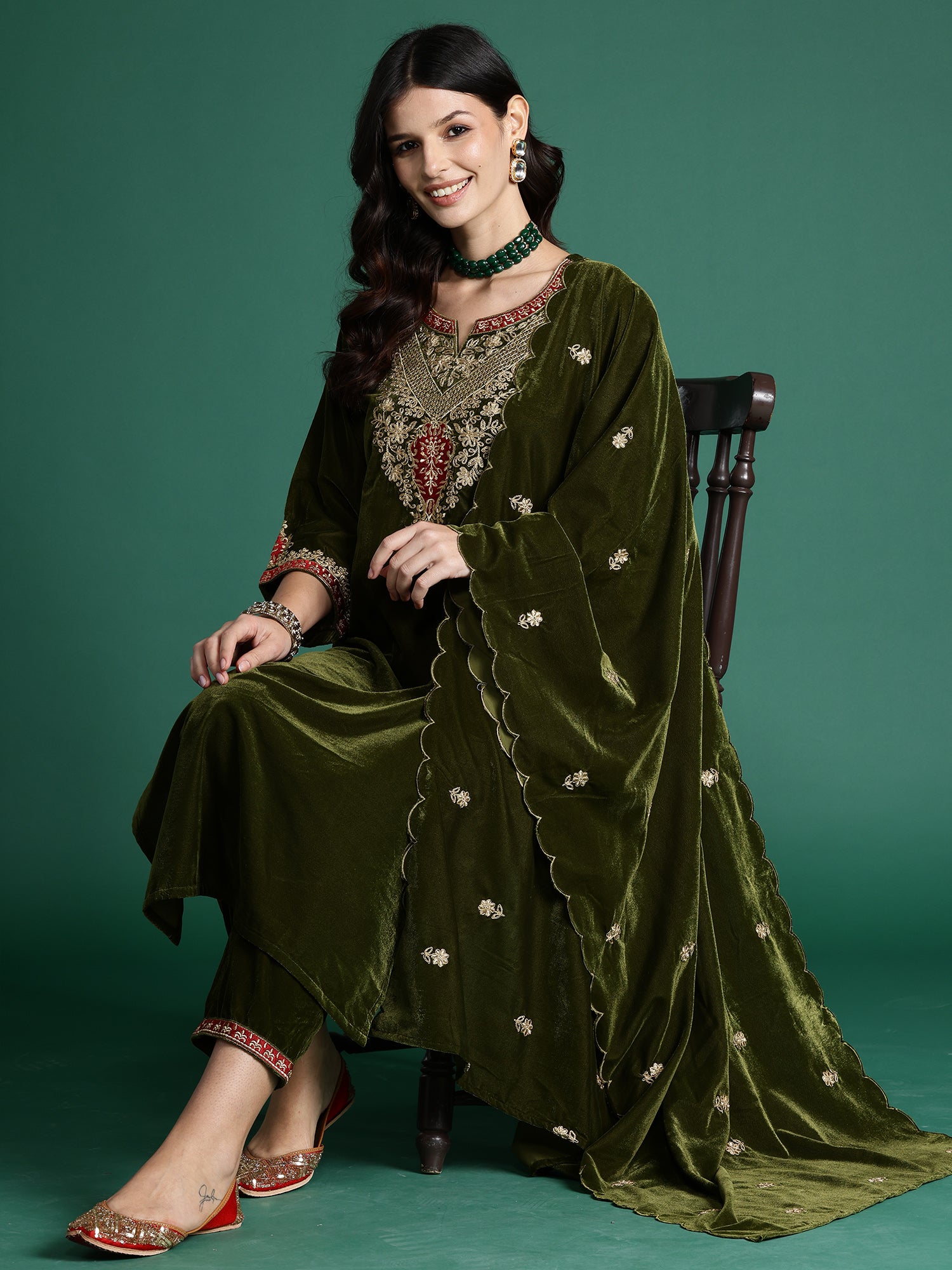 Green Embroidered Straight Kurta Trousers With Dupatta Set