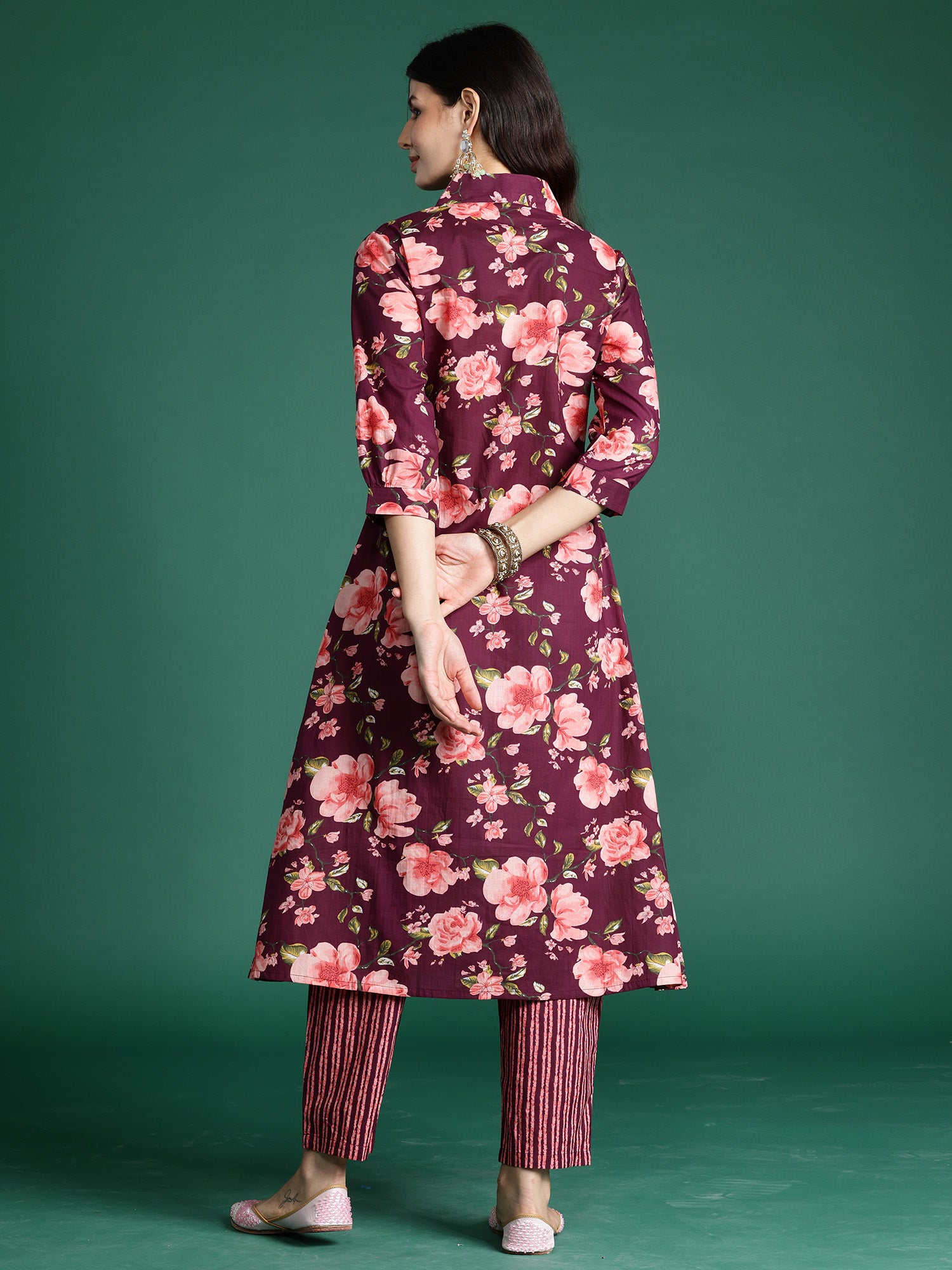 Burgundy Printed A-Line Kurta Trousers Set