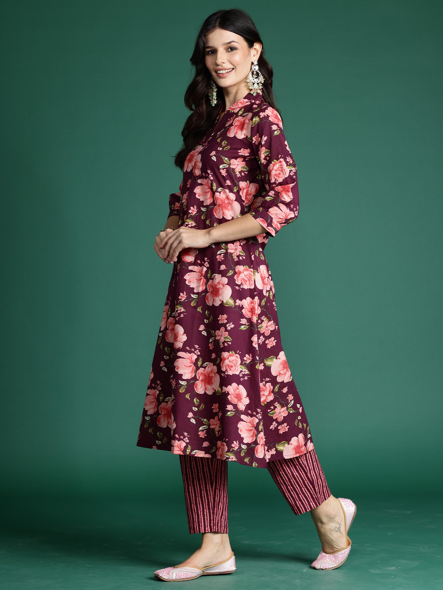 Burgundy Printed A-Line Kurta Trousers Set