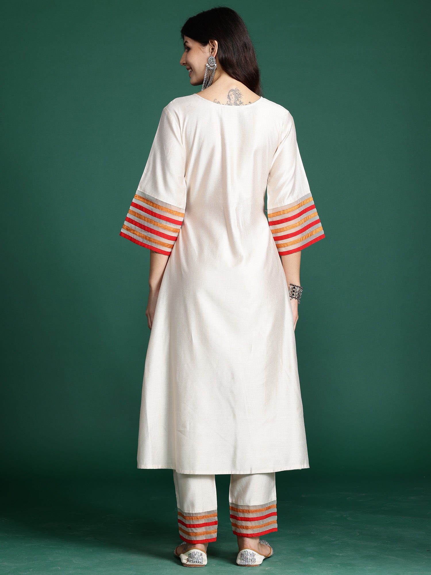 Off White Embroidered A-Line Kurta Trousers set