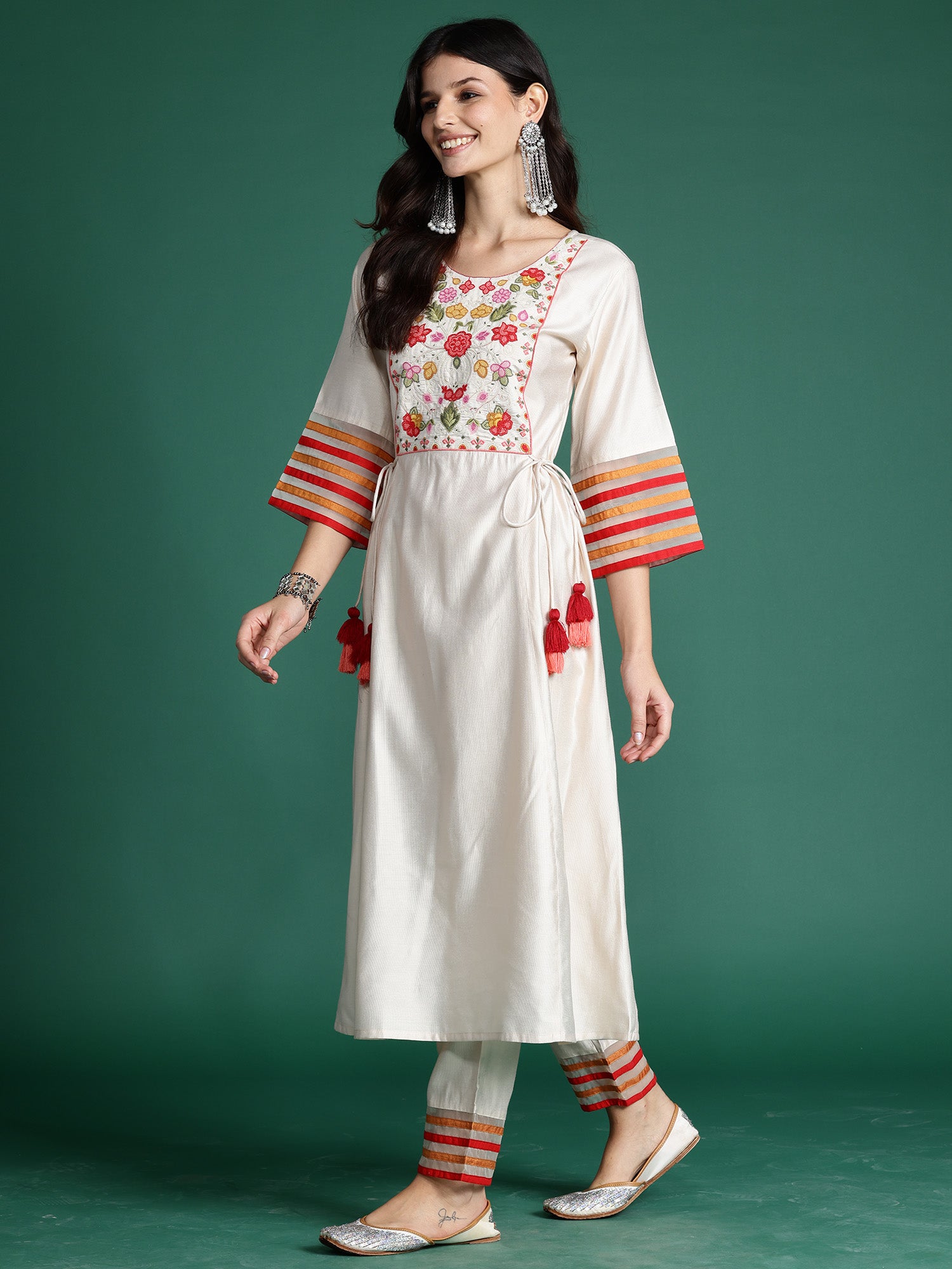 Off White Embroidered A-Line Kurta Trousers set