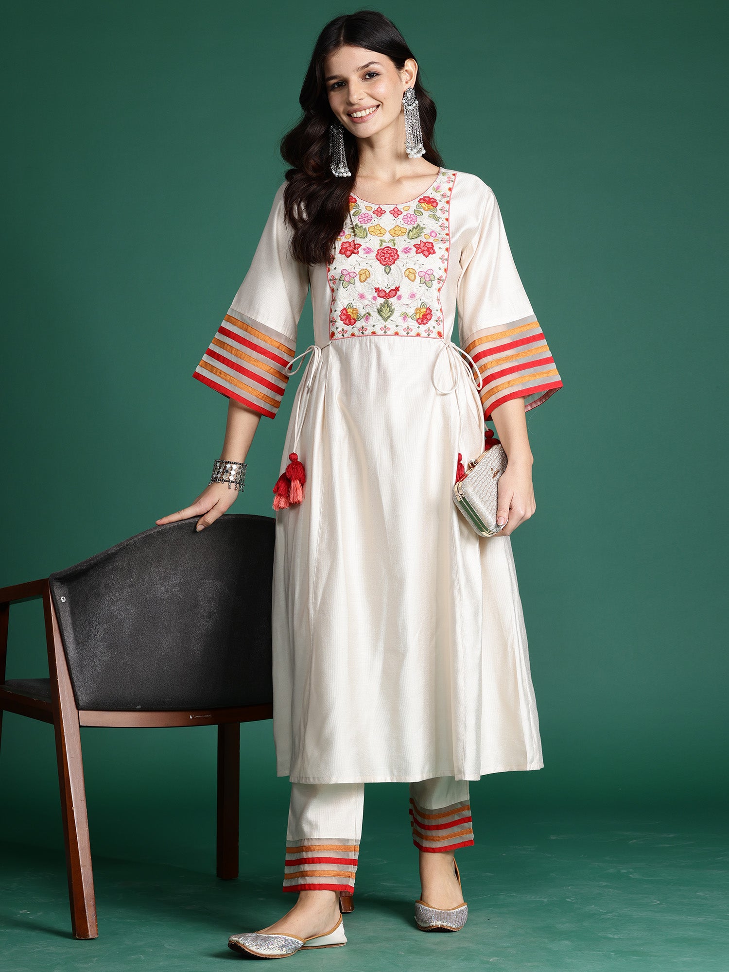 Off White Embroidered A-Line Kurta Trousers set