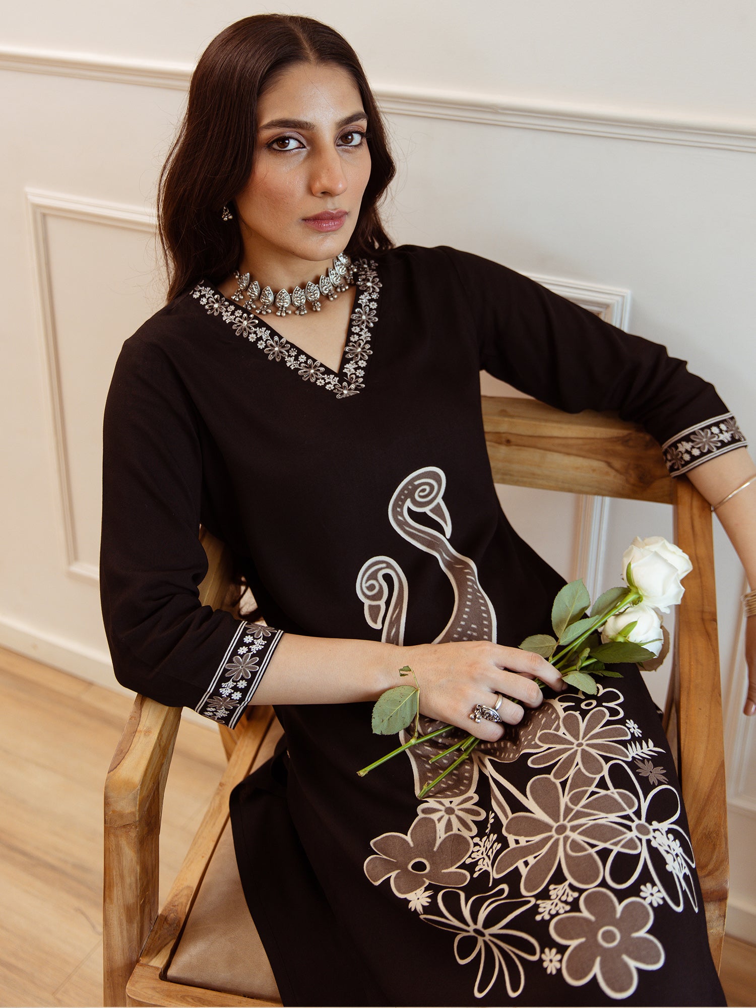 Black Embroidered Straight Kurta Trousers  Set