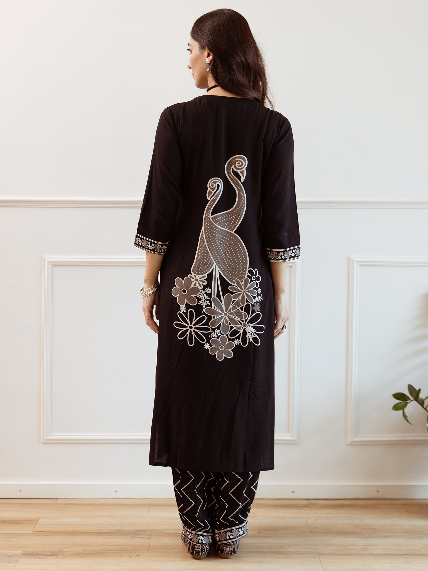 Black Embroidered Straight Kurta Trousers  Set