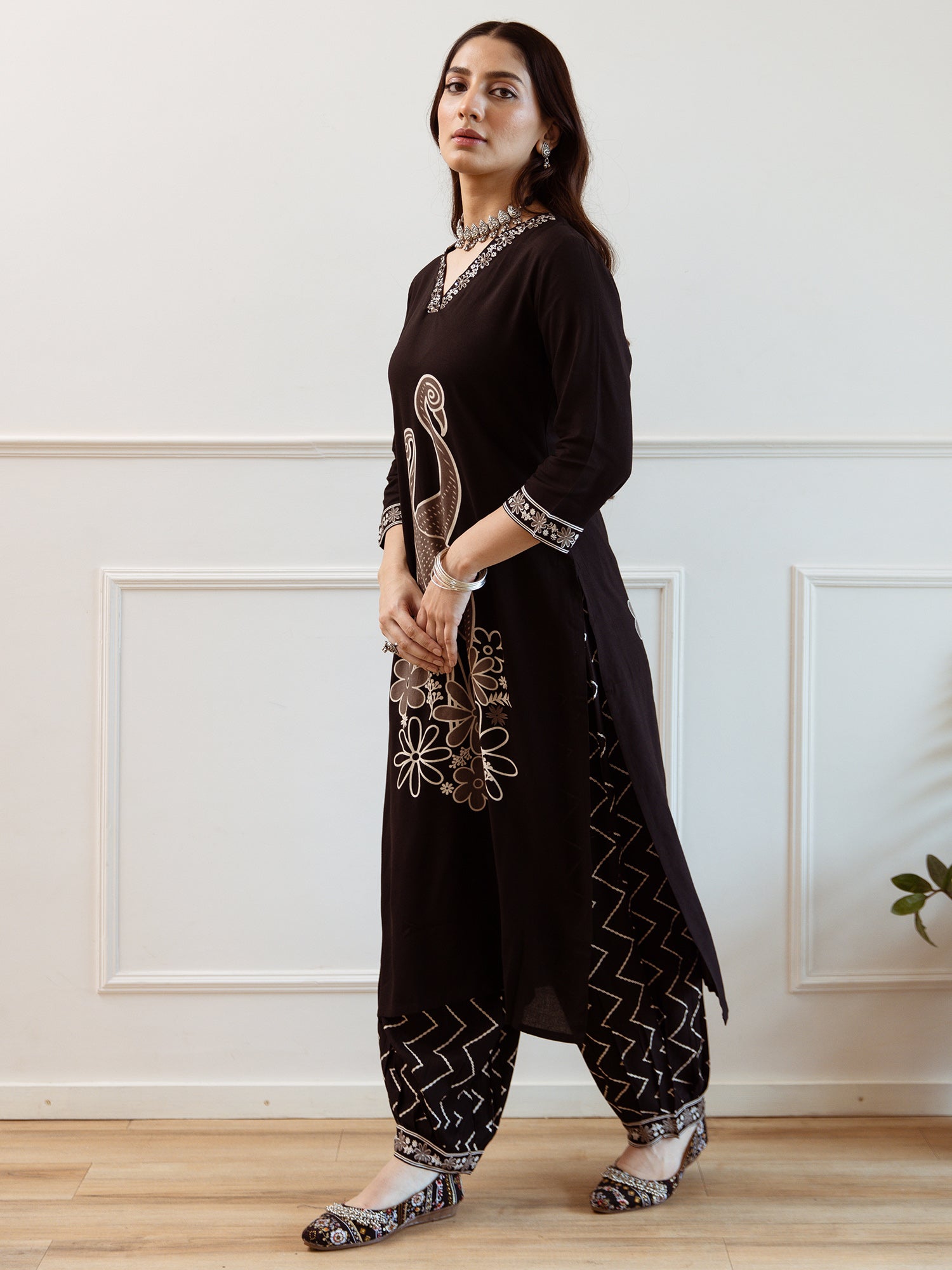 Black Embroidered Straight Kurta Trousers  Set