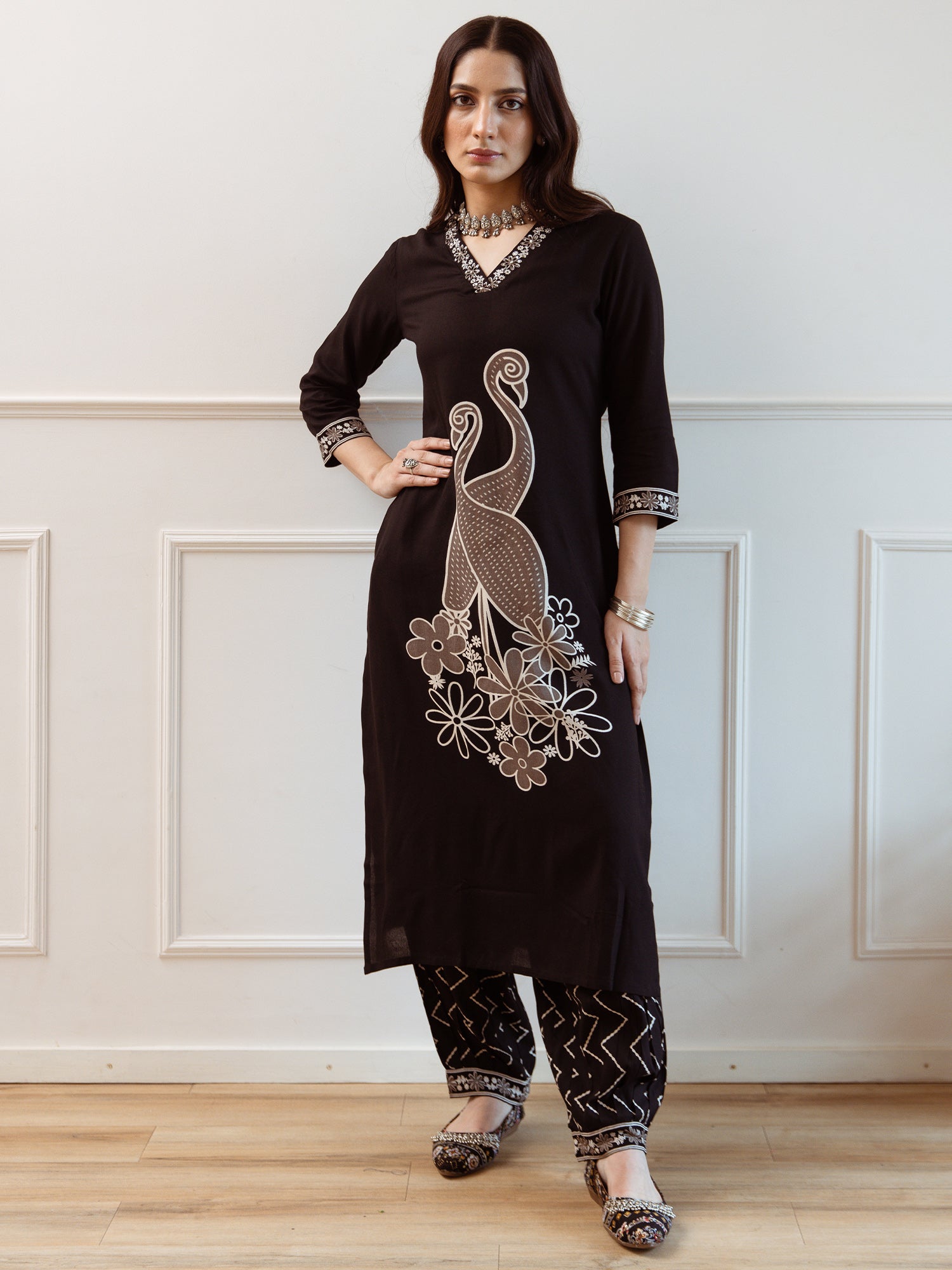 Black Embroidered Straight Kurta Trousers  Set