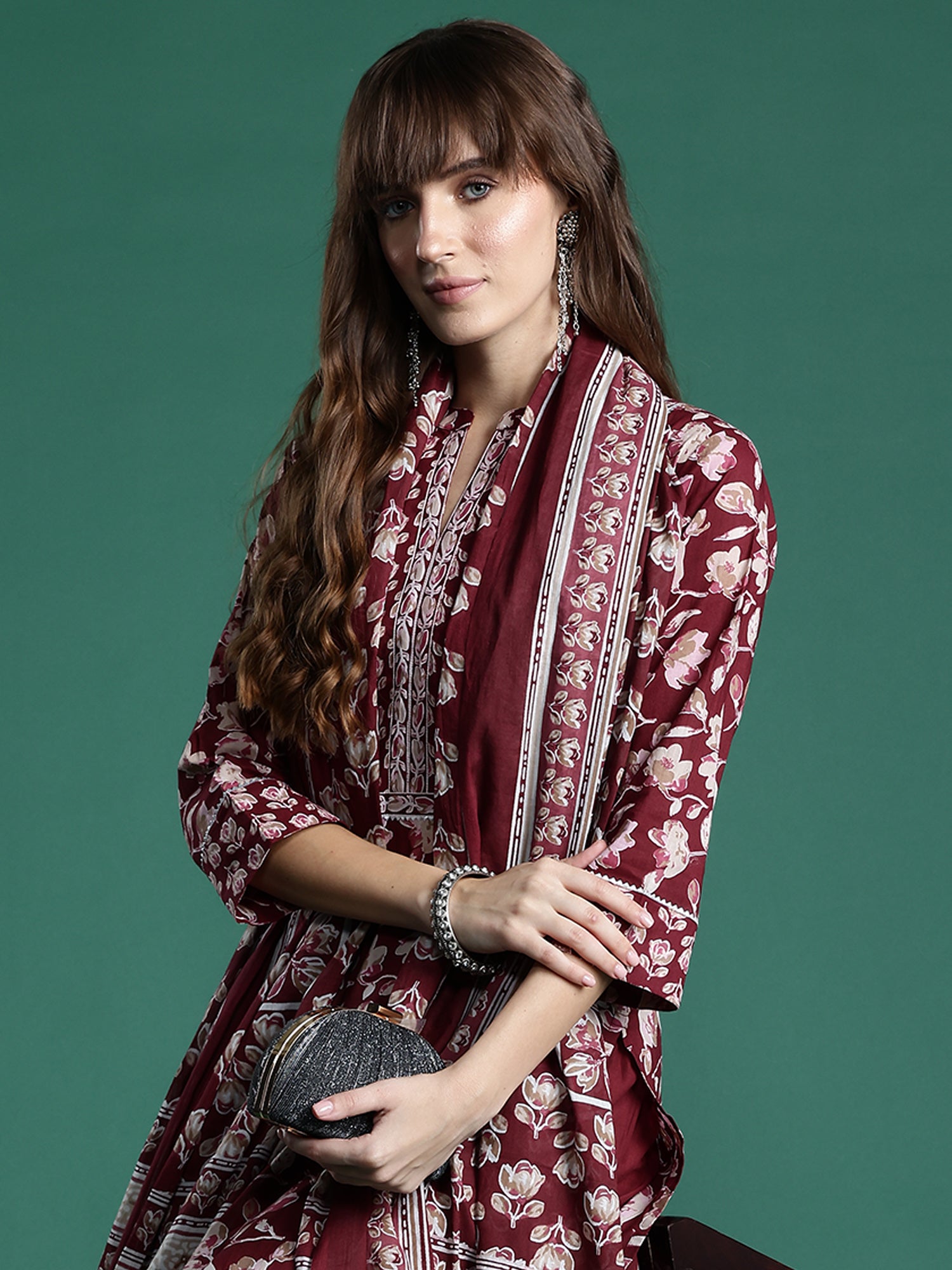 Maroon Printed Straight Kurta Trousers With Dupatta Set