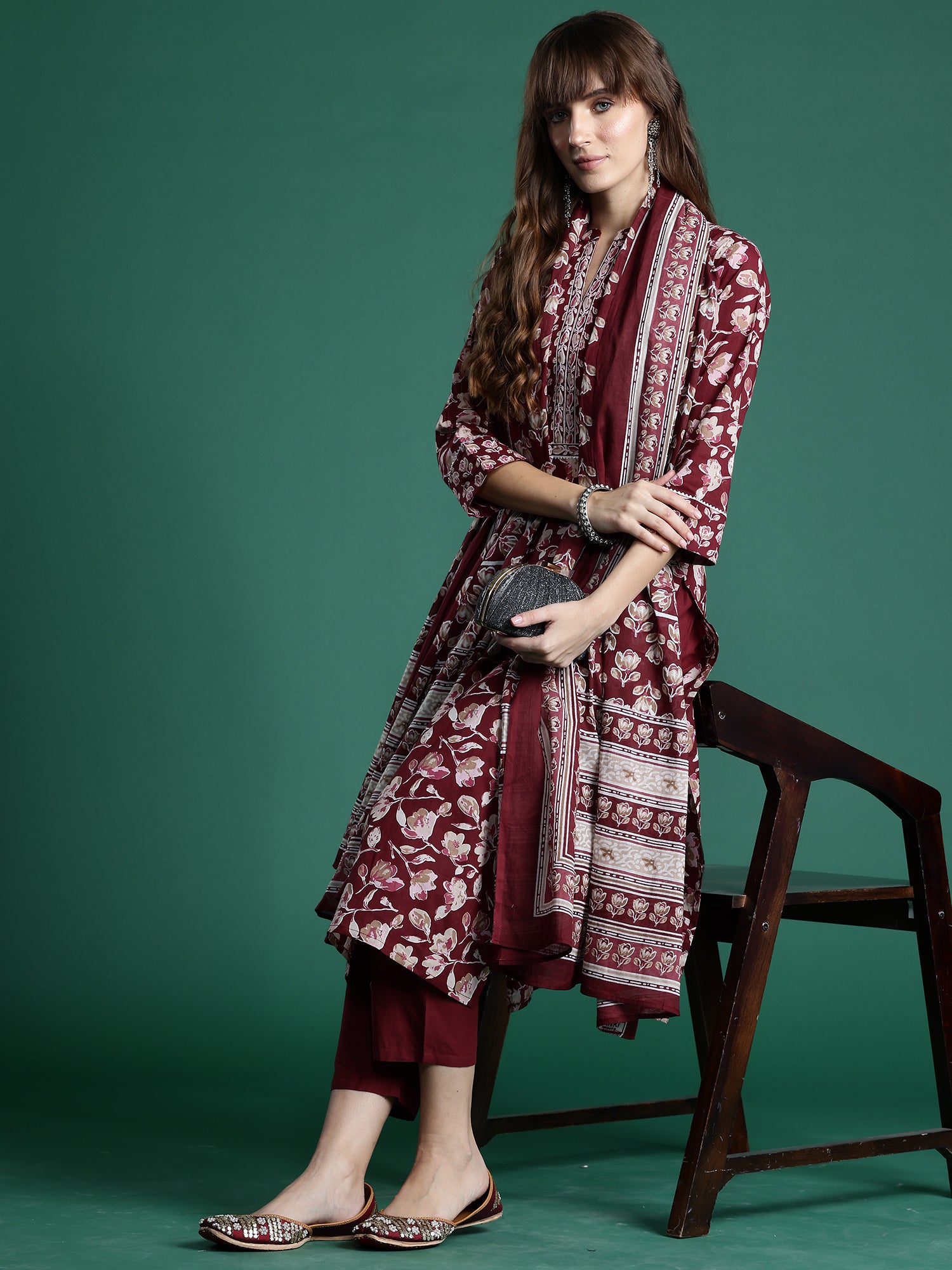 Maroon Printed Straight Kurta Trousers With Dupatta Set