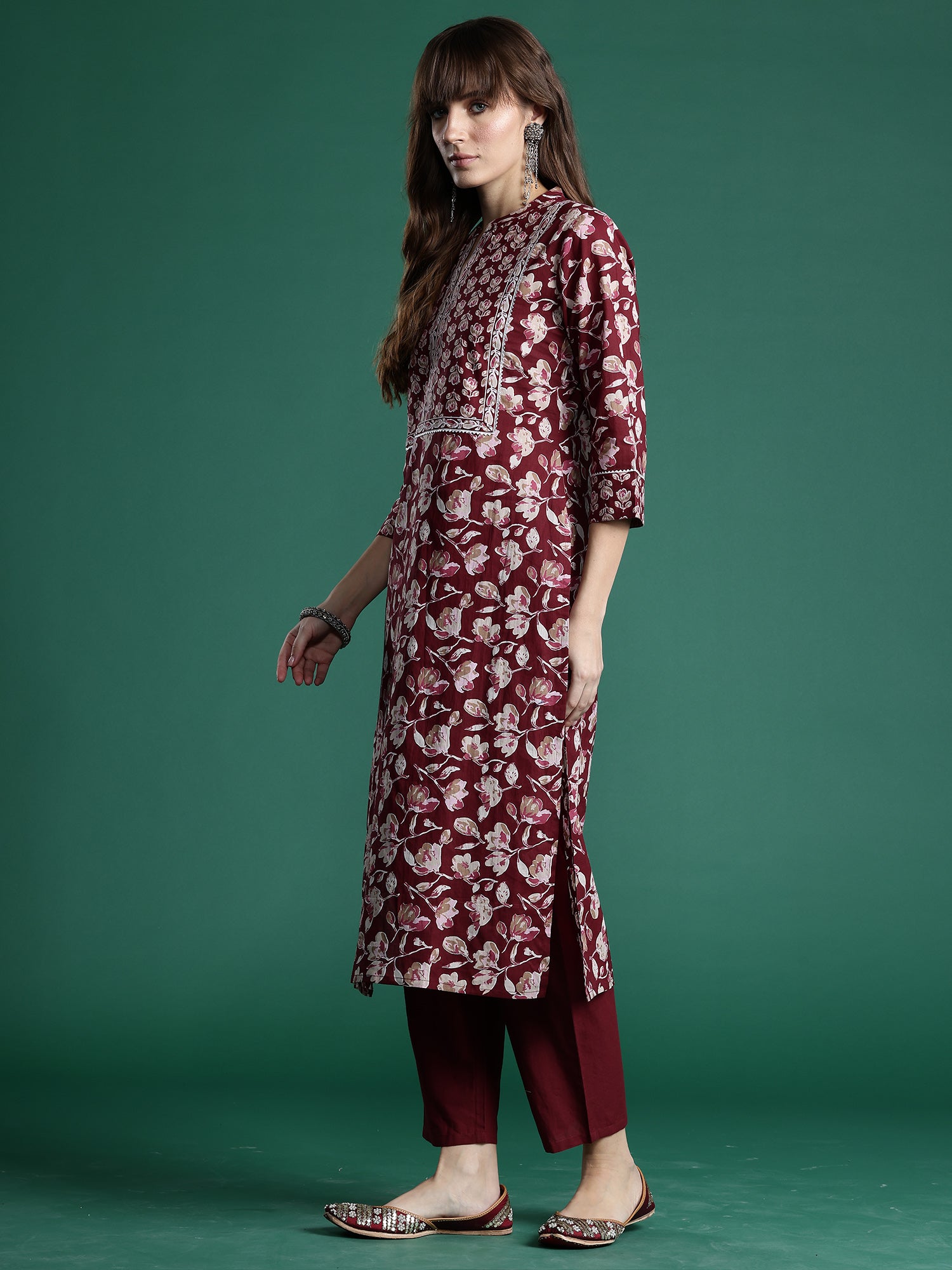 Maroon Printed Straight Kurta Trousers With Dupatta Set