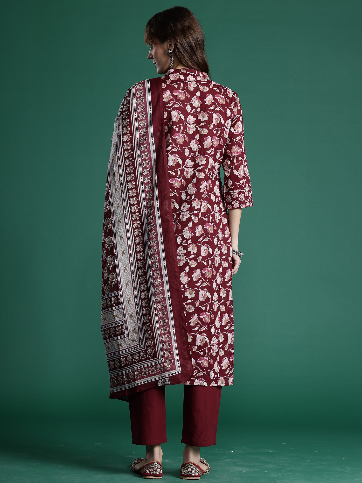 Maroon Printed Straight Kurta Trousers With Dupatta Set