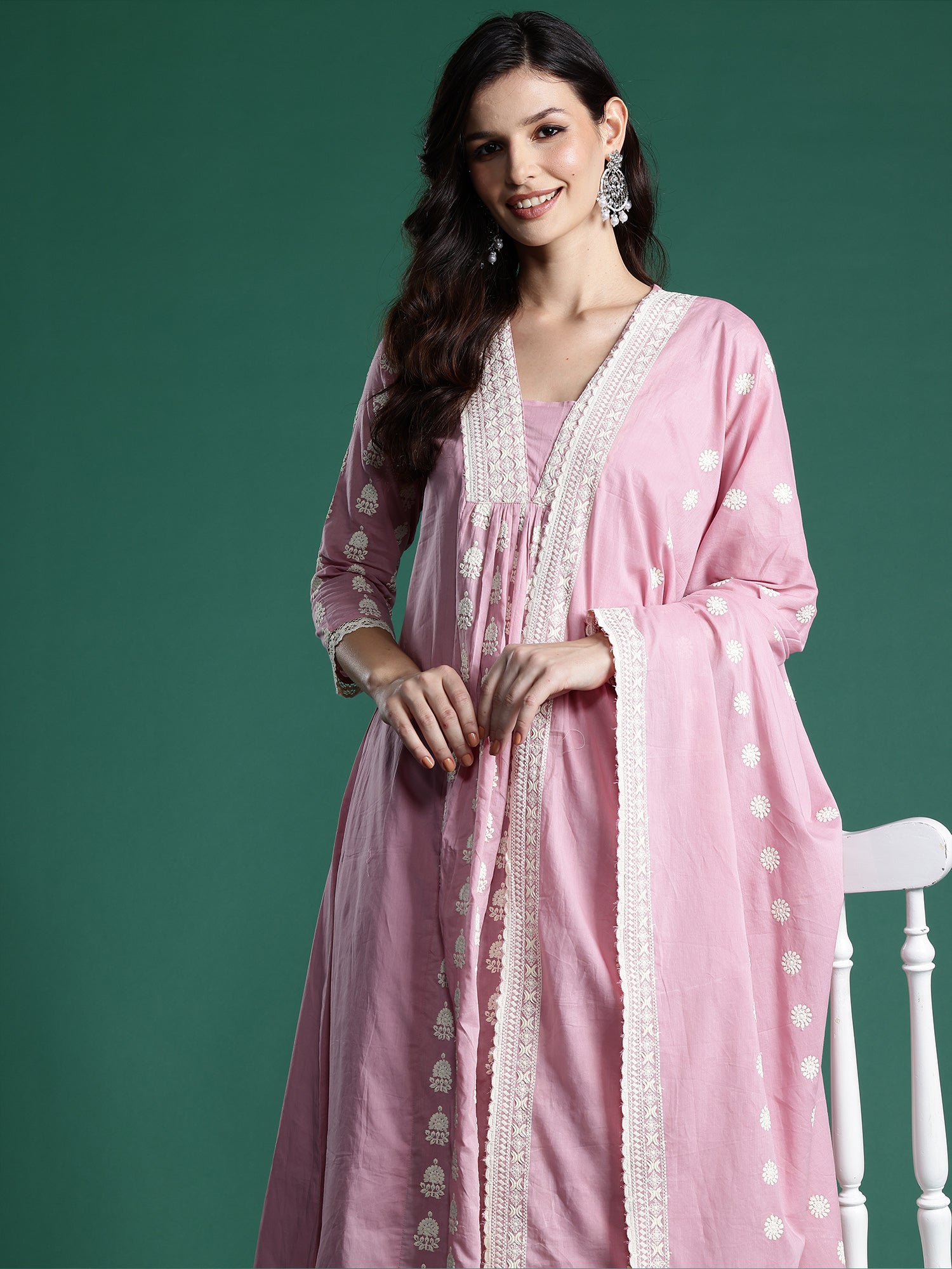 Pink Embroidered A-Line Kurta Trousers With Dupatta Set